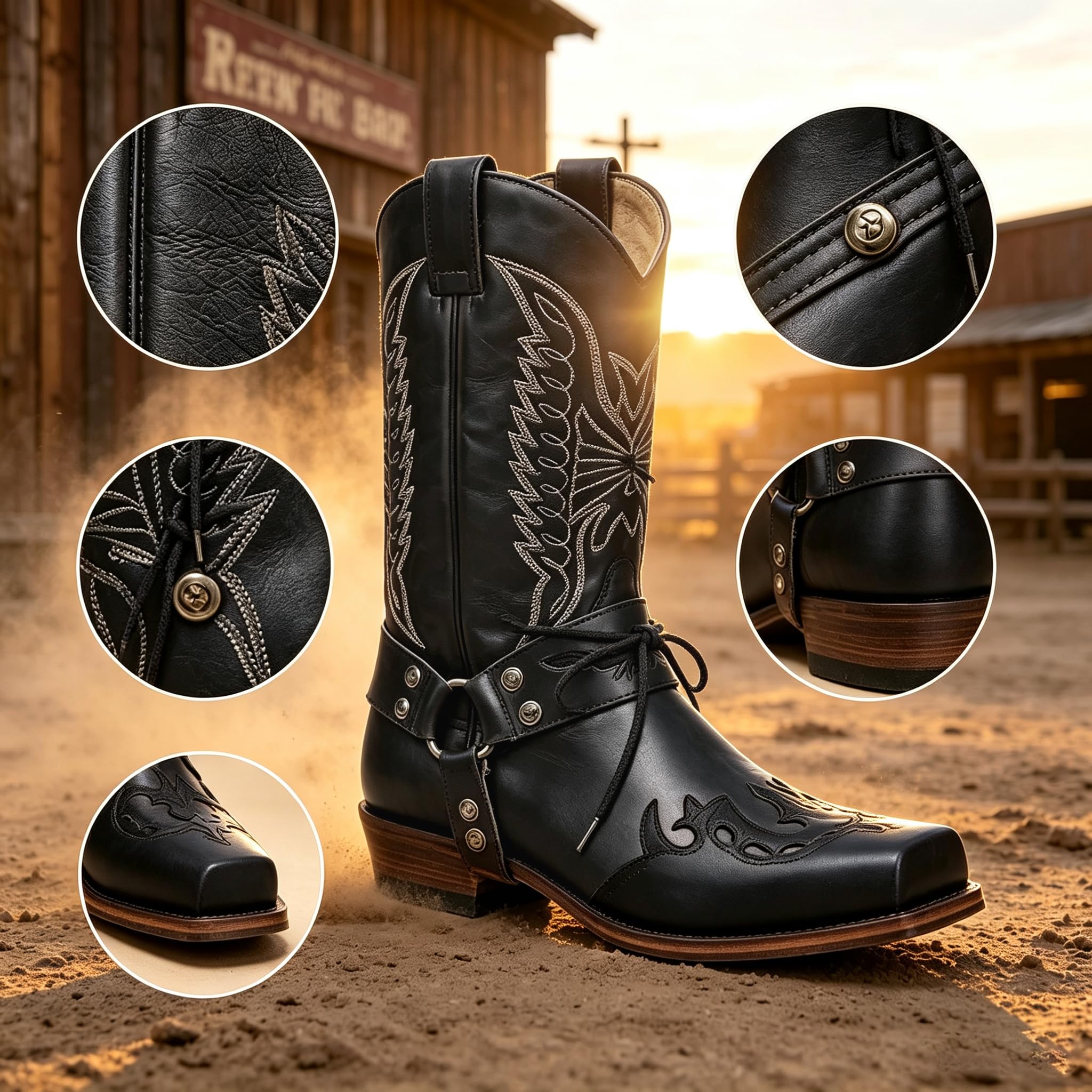 Generisch Cowboystiefel Herren Damen Leder, Cowboyboots Westernstiefel Cowboy Stiefel Klassisch Mittelalter Schuhe Winter Reitstiefel Cow Boy Western Stiefeletten Hoch Lederstiefel Festival