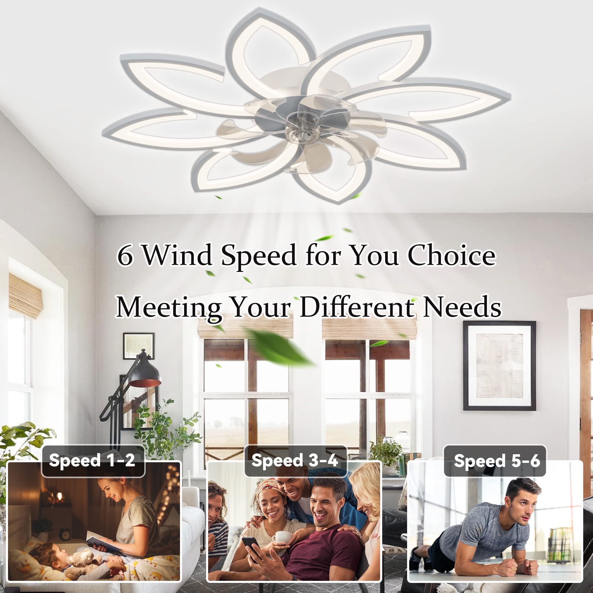 78CM Plafondventilator Met Licht En Timer Slaapkamer LED Dimbare Bloem Plafondlamp Met Afstandsbediening 6 Snelheid DC Motor Winter En Zomer Omkeerbare Stille Plafondventilator-Black|90CM