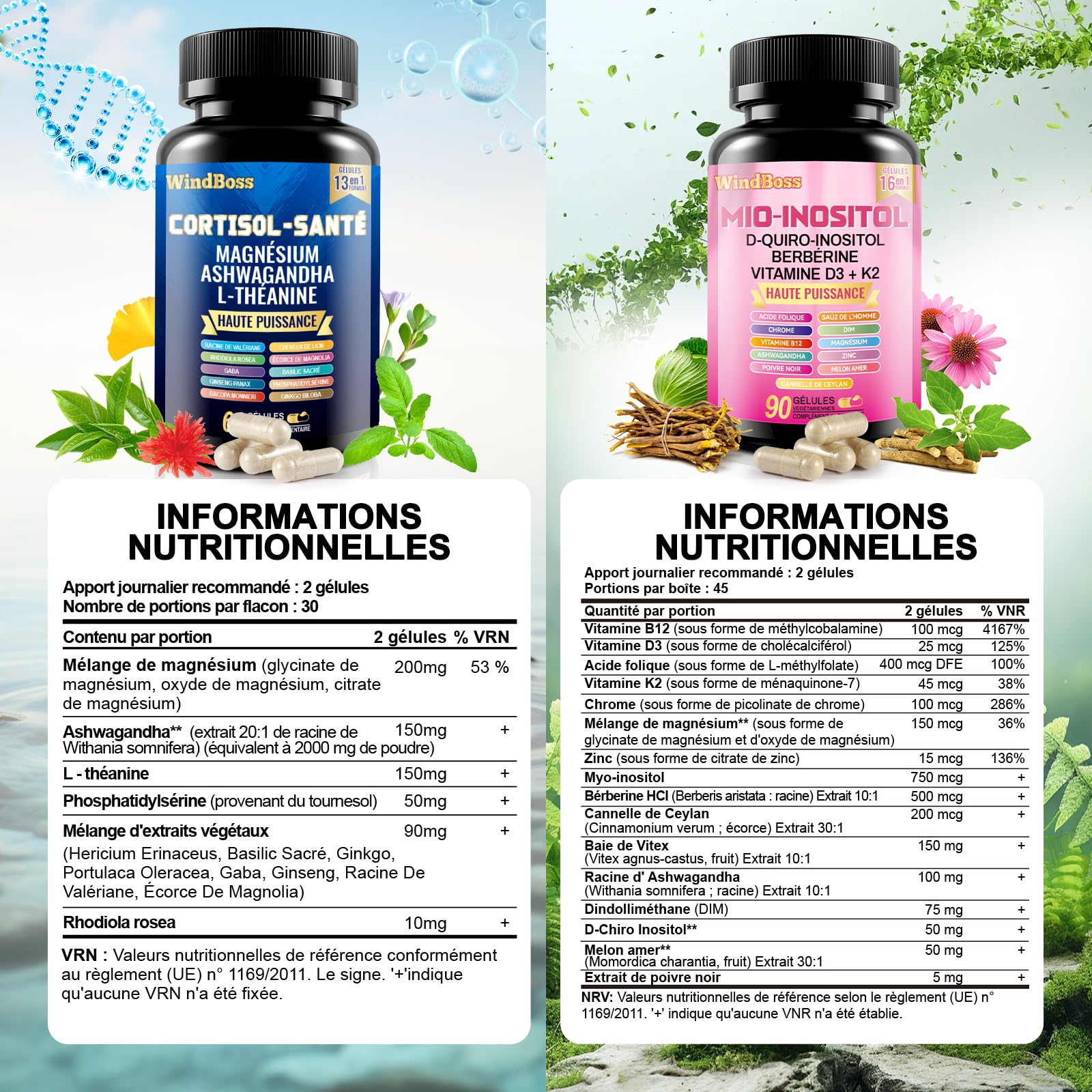 WindBoss 60 + 90 capsules Ensemble de capsules Myo-inositol et de cortisol, naturel, sans additifs et végétalien