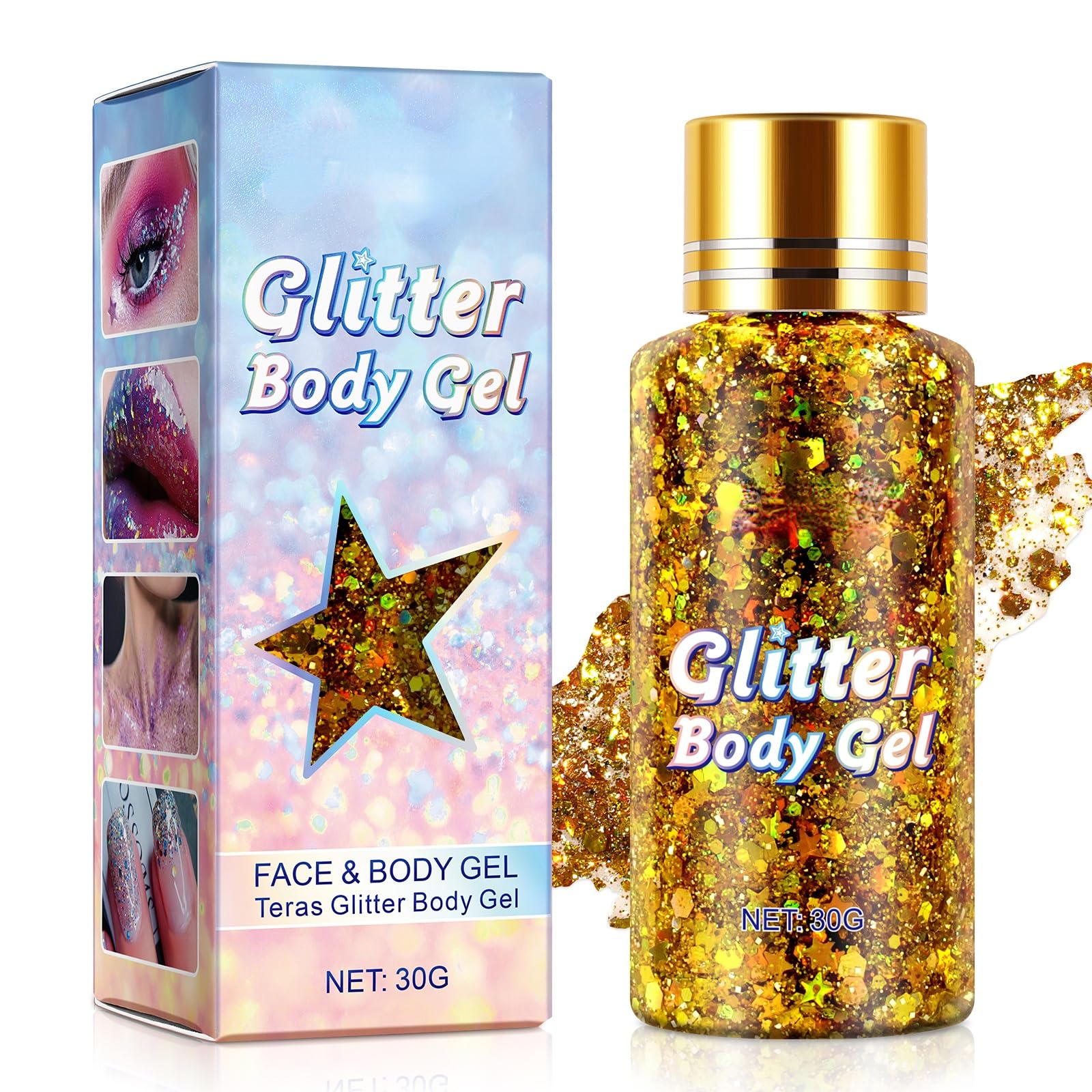 Glitzer Gesicht Long-lasting, Body Glitter für Make-up, Festival Glitzer Gesicht Für Augen und Lippen,Maniküre DIY Glitter, Face Glitterr für dauerhaften Glanz, Mermaid Sequins Gold Glitters kit