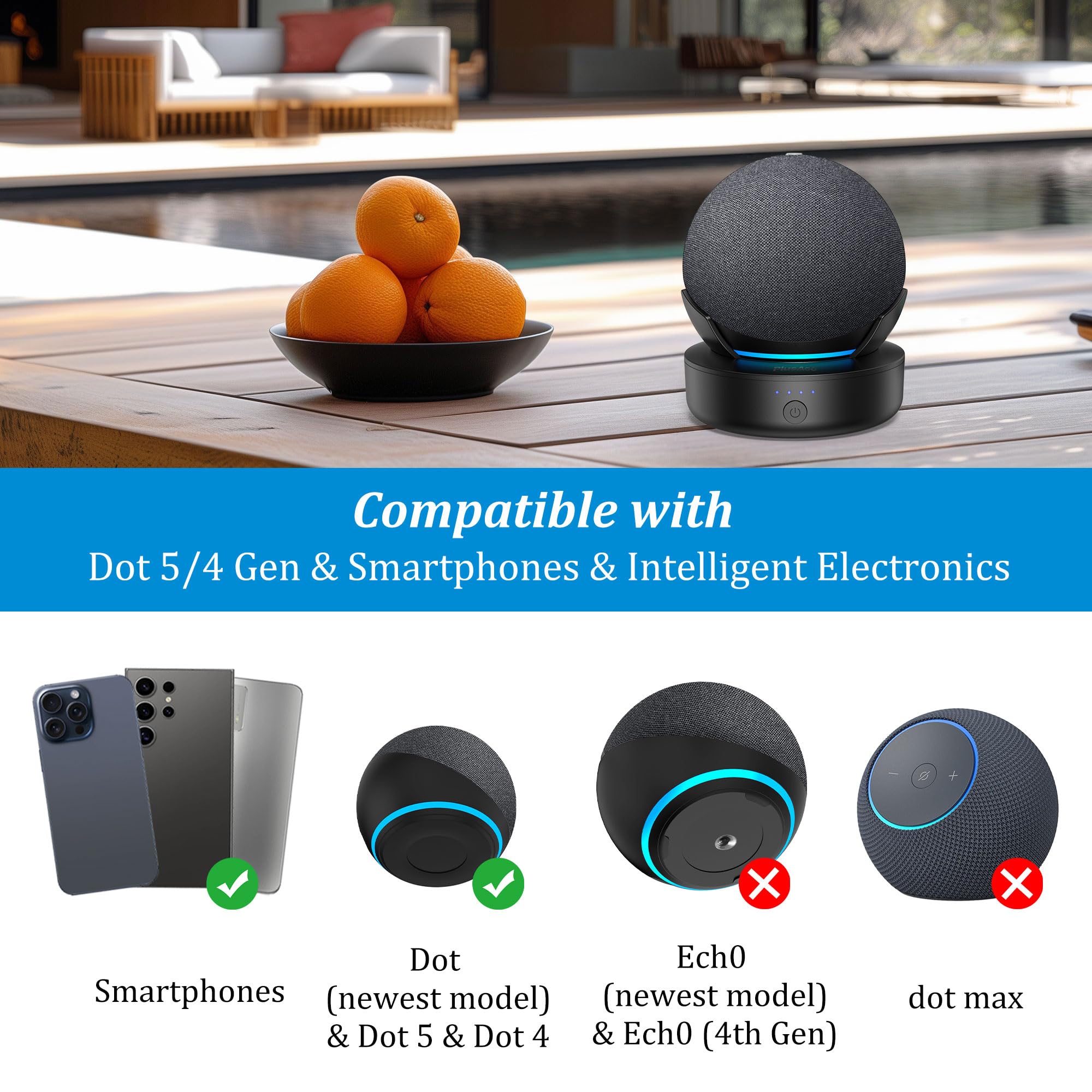 PlusAcc Akku für Dot 5. & 4.Gen - Tragbare Akkusockel Base Ständer Zubehör für DDΟΤ (5. /4. Generation), für Google Kopfhörer Schwarz (Nur Batterie)