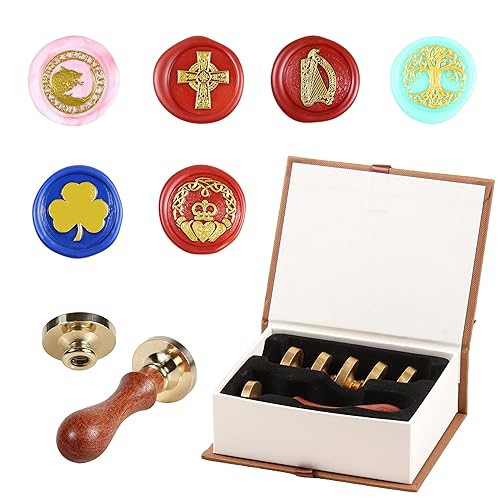Juego de 6 cajas de regalo de madera con sello de cera, cabeza de latón extraíble + 1 mango de madera, representa la fe eterna, la amistad, el amor