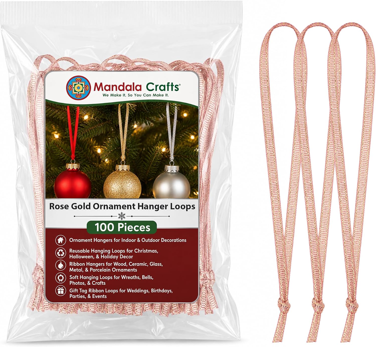 Mandala Crafts Rose Gold Christmas Ribbon Ornament Hangers Loops, 100 PCs