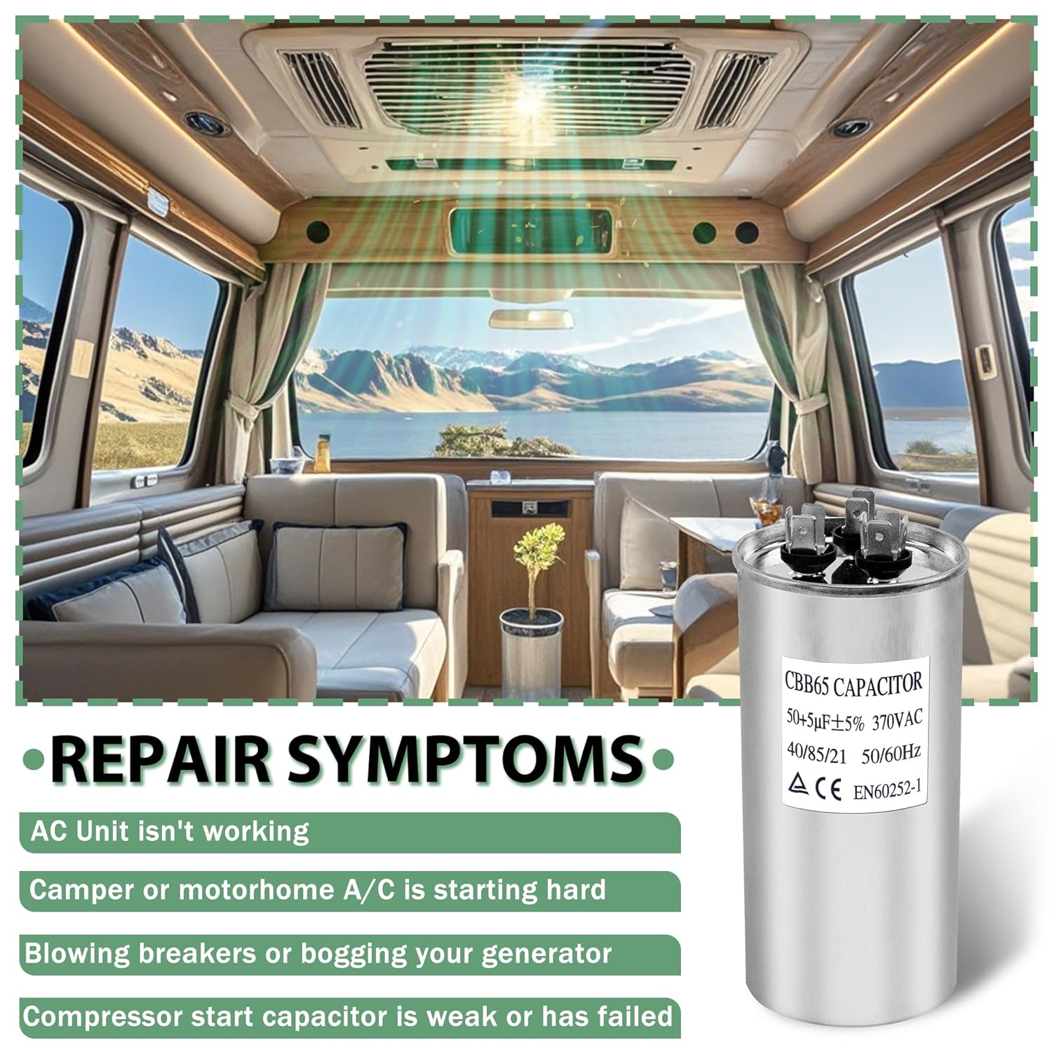 Upgrade 3313107.018 RV Air Conditioner Motor Capacitor 50/5 MFD Compatible with Dometic 50/5 MFD 50+5 uF ±6% 370/440V AC Capacitor Service Kit, Compatible with Heat Pump Air Conditioner or AC Motor
