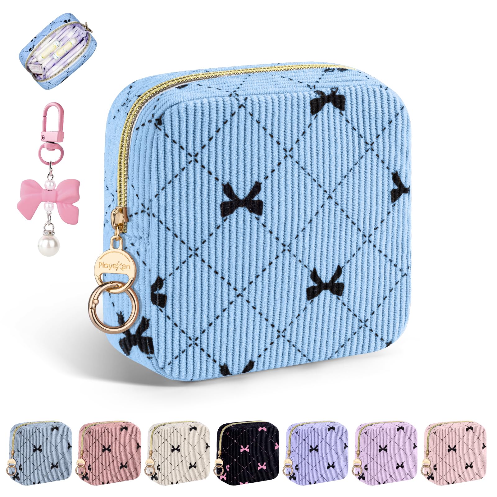 Period Bag for Teen Girls, Corduroy Sanitary Napkin Pouch, B-LBlue