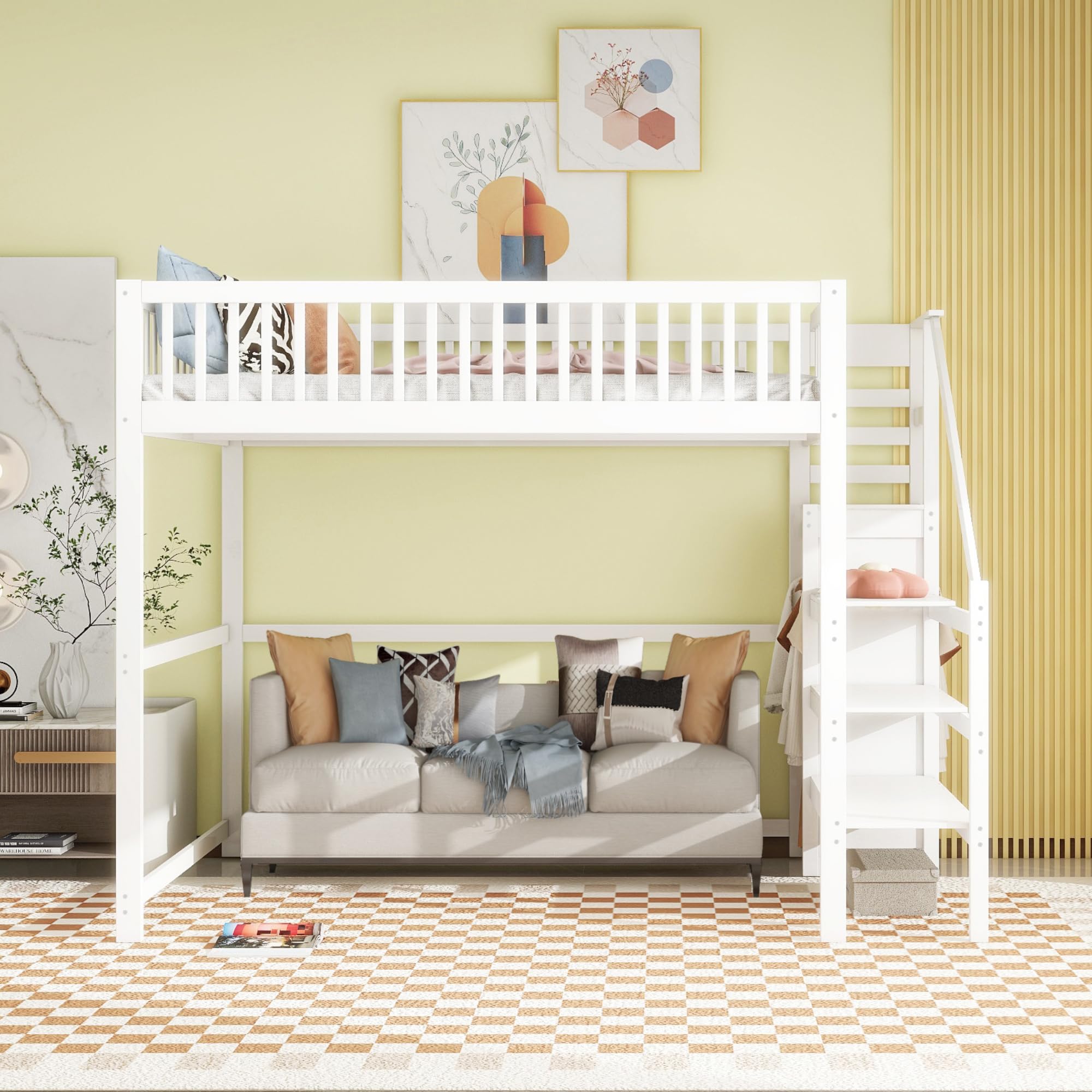 Azkoeesy Cama Alta Juvenil 140x200 cm en Madera de Pino Blanca, Escala Integrada Ahorra Espacio, Armario, Barandilla de Seguridad y Somier, para Niños y Adolescentes