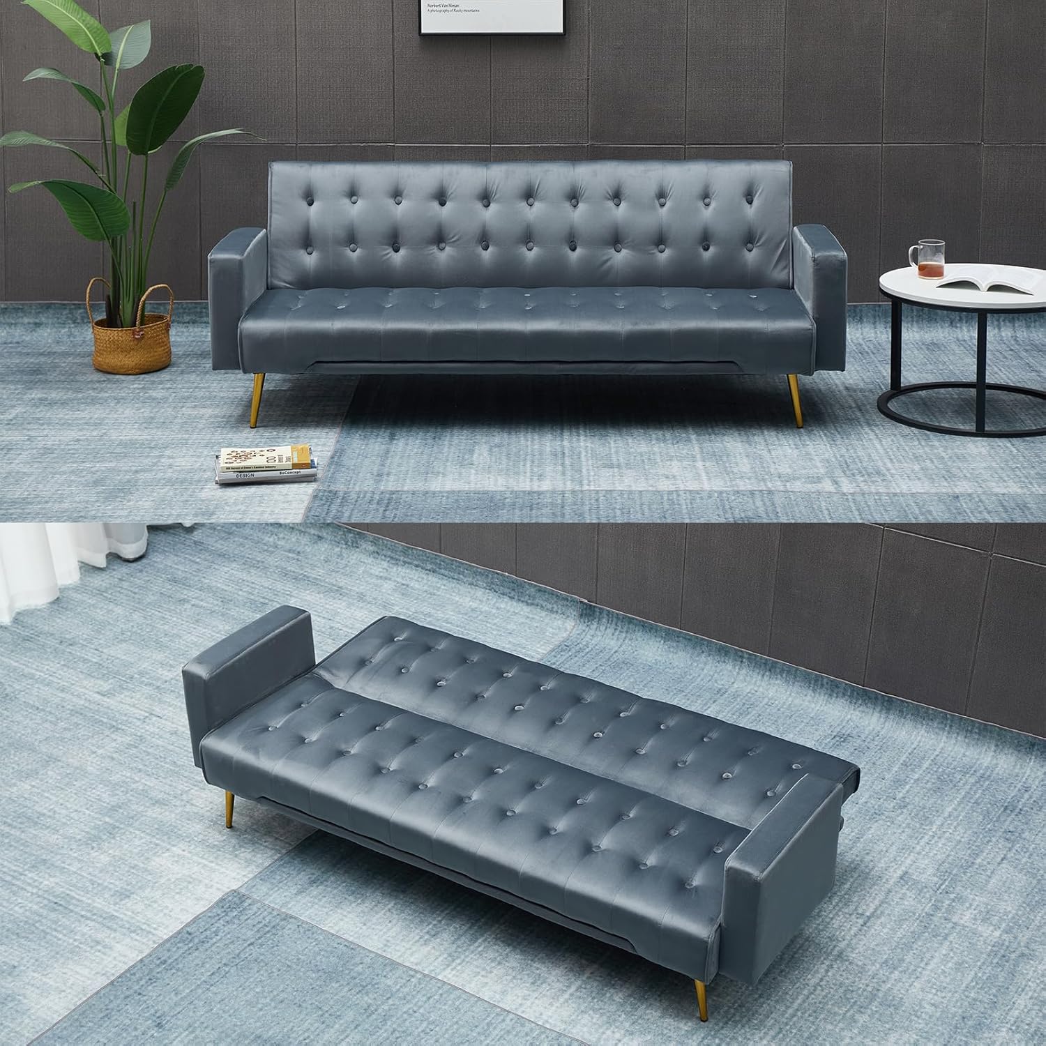 75" Convertible Folding Futon Sofa Bed,Velvet 3 Seat Love Seat Sofa,Upholstered Sleeper Couch with Adjustable Backrest and Metal Legs for Small Space Living Room Apartment Office (Dark Grey-1)