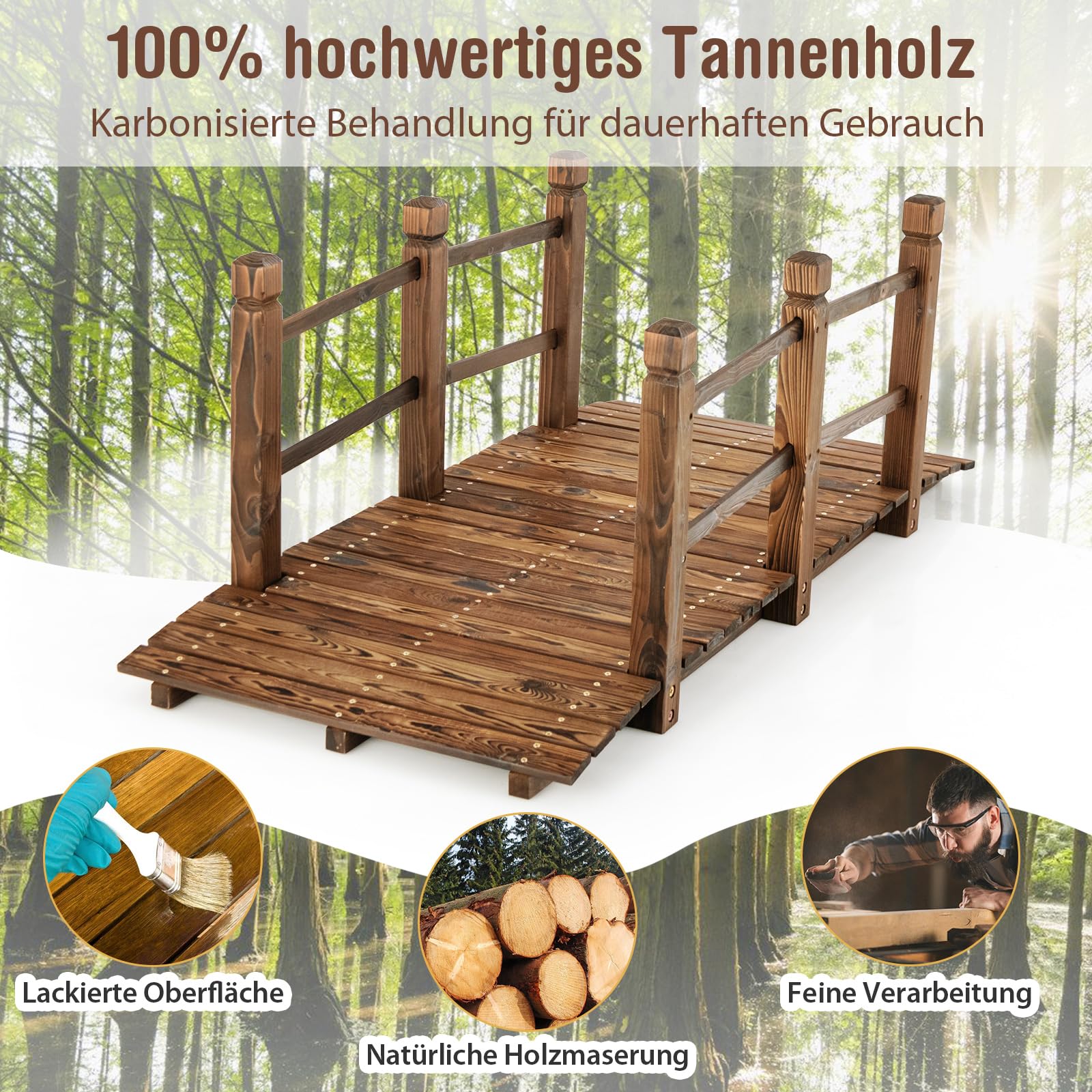 COSTWAY Brücke, Teichbrücke Gartenbrücke, Holzbrücke mit Geländern, Zierbrücke bis 180 kg belastbar, aus massivem Tannenholz, Dekobrücke für Garten Teich Außenbereich, 150 x 67 x 55 cm (Braun)