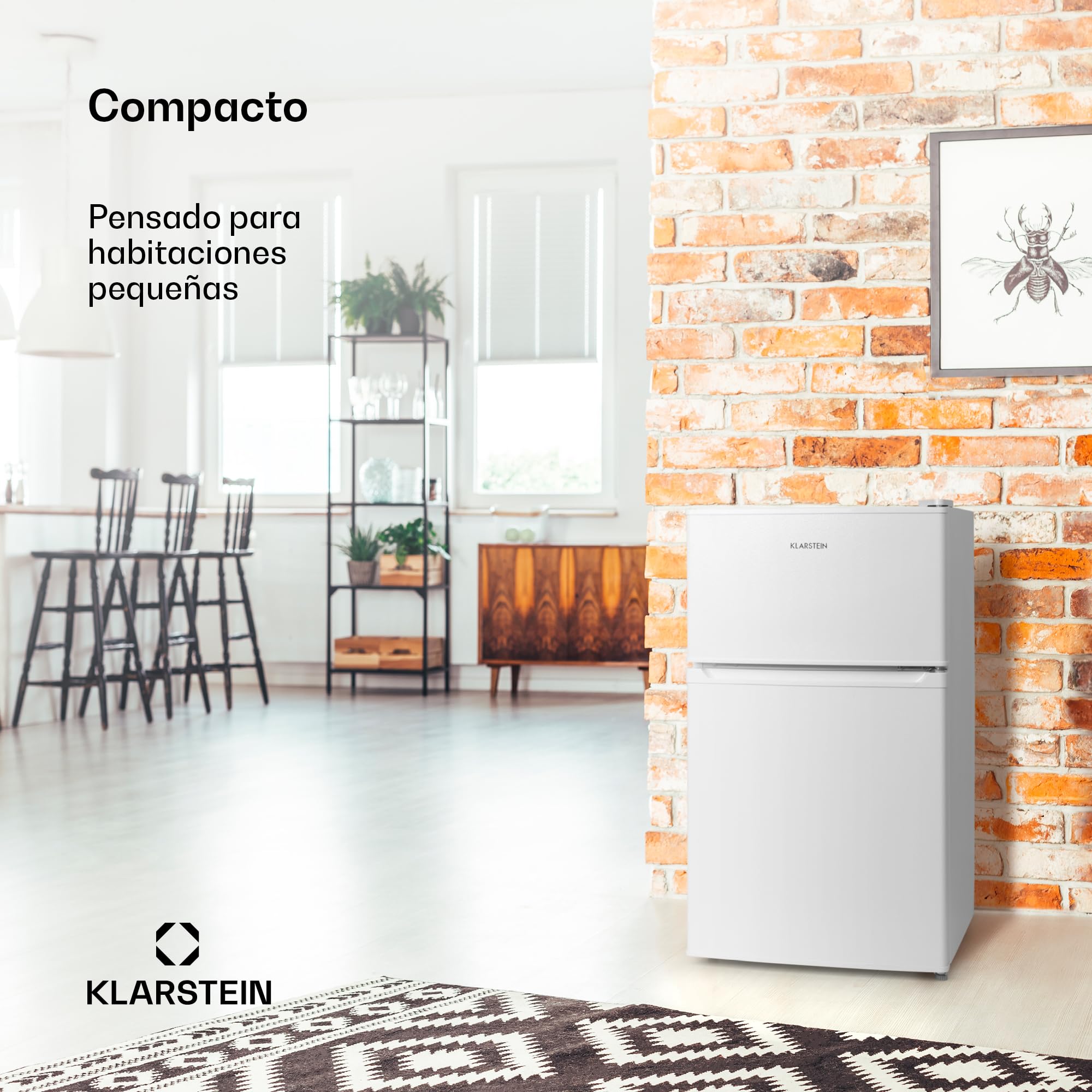 KLARSTEIN Big Daddy Cool – Combinación Nevera-Congelador, Neveras silenciosas de 87L de capacidad, Eficiencia energética clase E, Frigorífico de 61L, Congelador de 26L, Blanco