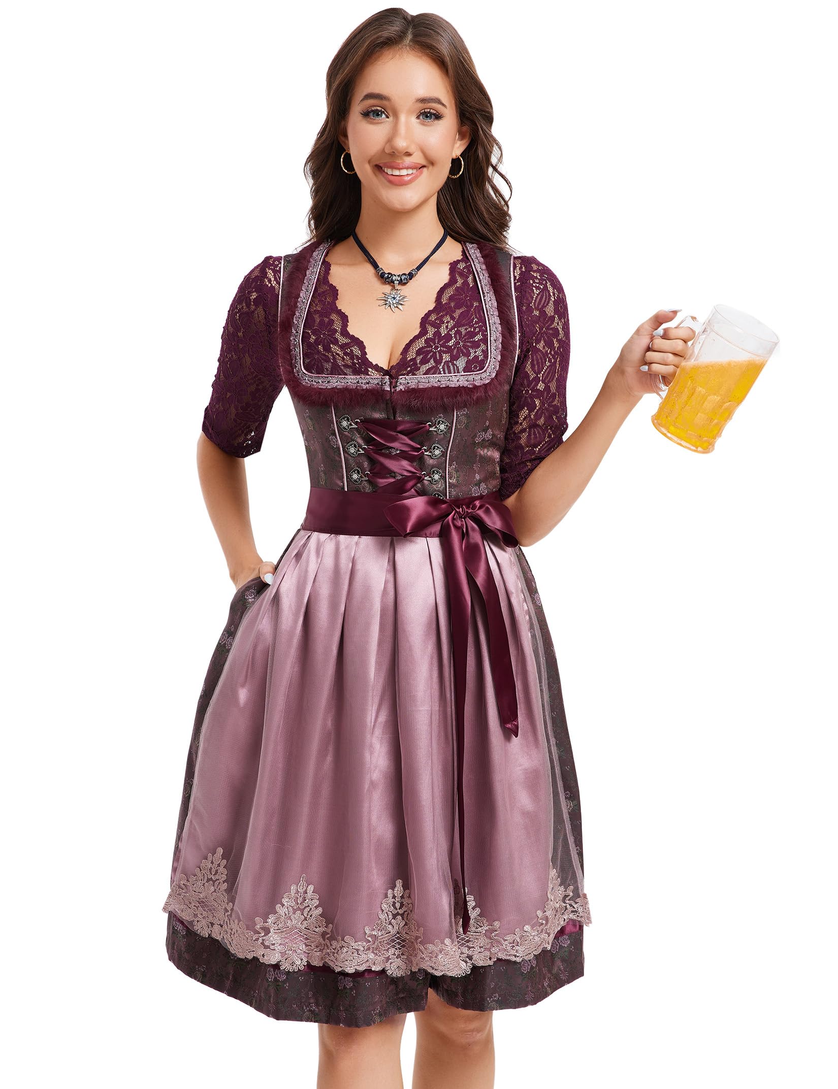 KOJOOIN Dirndl Damen Trachtenkleid Weinrot Dirndlkleid Midi Jacquard Trachtenrock Oktoberfest Outfit mit Dirndlschürzen