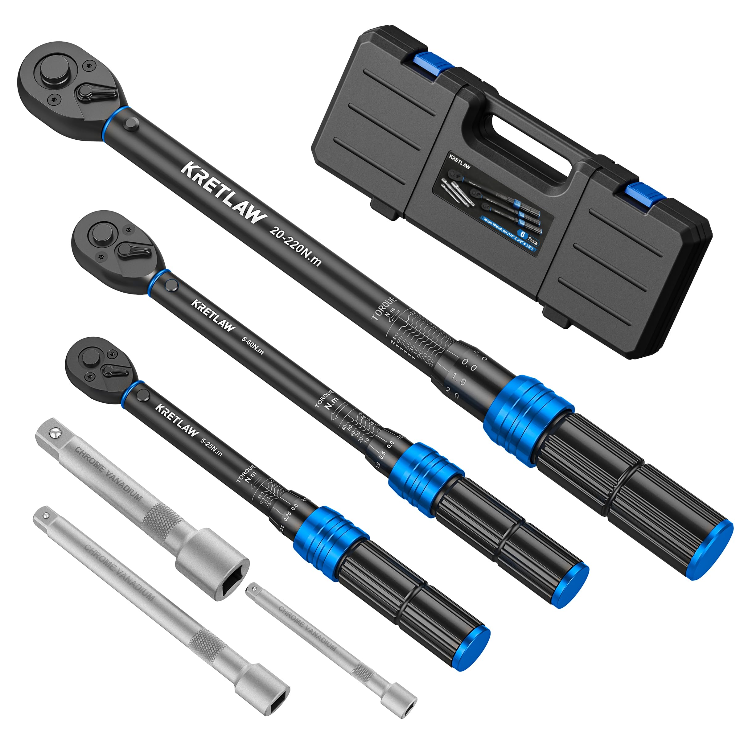 KRETLAW Llave dinamométrica 1/2" & 3/8" & 1/4", Juego con 6 piezas Cricqueta reversible, 20-220Nm, 5-60Nm, 5-25Nm Llave dinamométrica con precisión ±3% (1/2" & 3/8" & 1/4", Juego con 6 piezas)