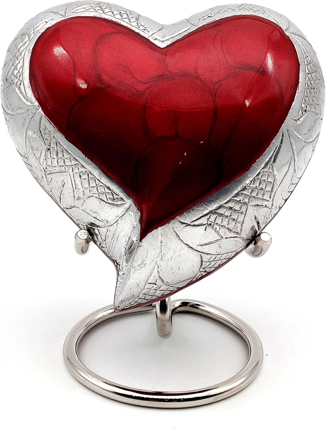 5MOONSUN5 Urns for Human Ashes - Empathetic Heart Memorial Keepsake Urn for Adult Male & Female - Metal Pink Heart Cremation Urn with Velvet Box & Display Stand (Red)