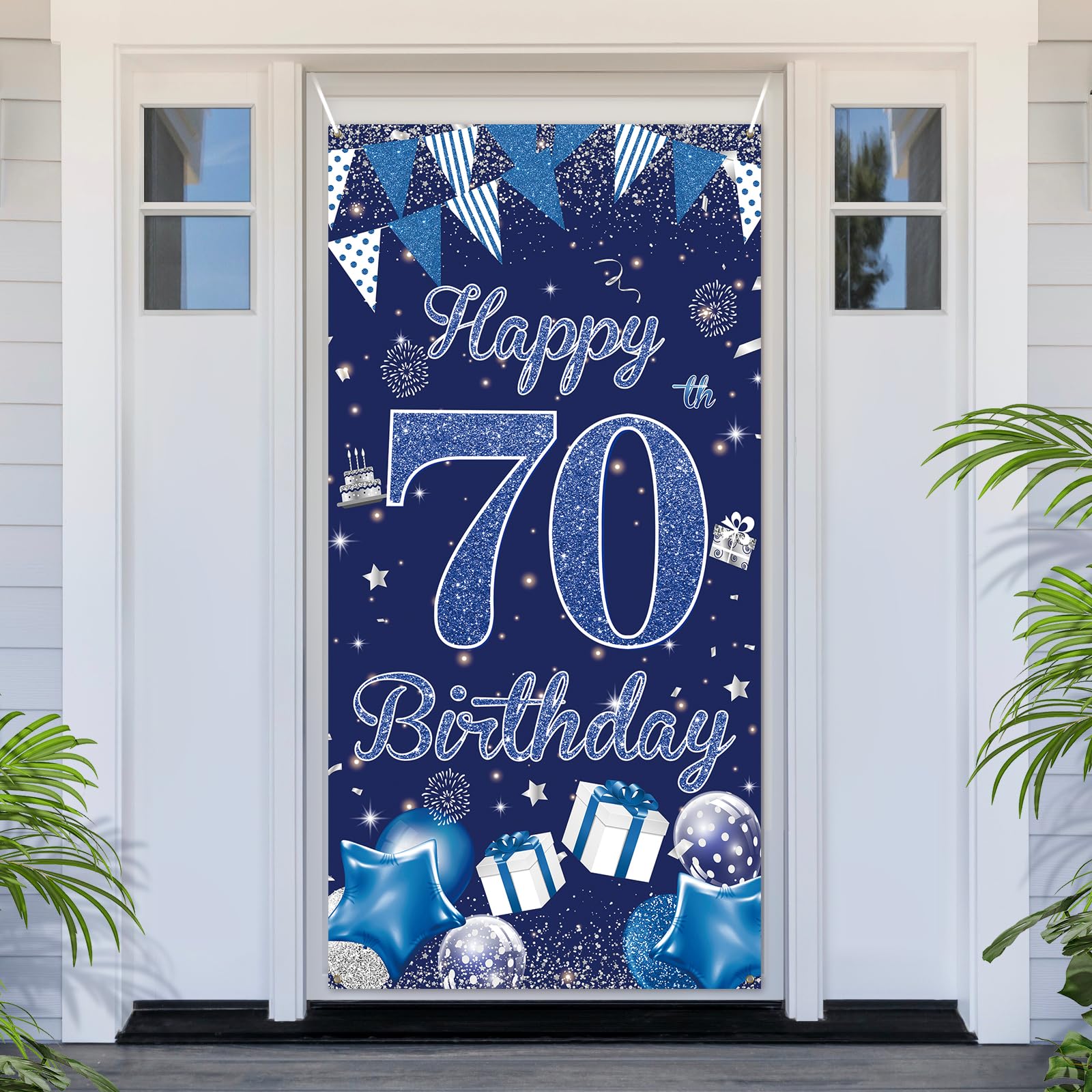 PartyYaa 70. Geburtstagsbanner Deko, 70. Geburtstag Tür Banner, Blau Silber Happy Birthday Banner Türabdeckung Fotoautomaten Schild Poster Party Deko für Drinnen und Draußen