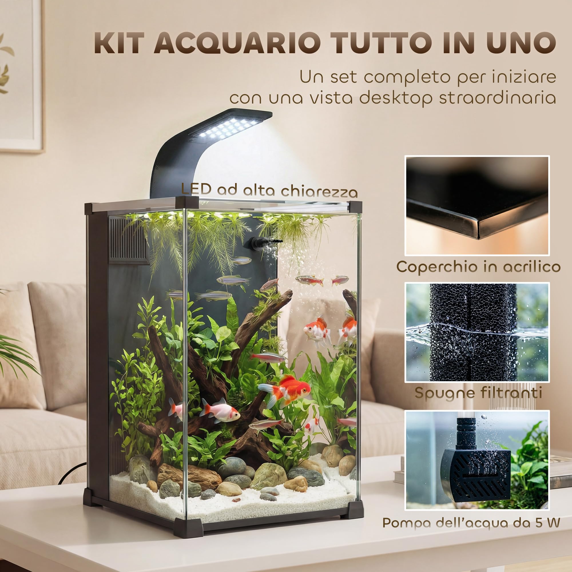 PawHut Acquario in Vetro Temperato 36L, Acquario Completo Piccolo Trasparente con Filtro Integrato, Luce LED e Pompa dell'Acqua per Pesci Tropicali, Pesci Rossi, Casa, Ufficio, 30x30x45.5 cm, Nero