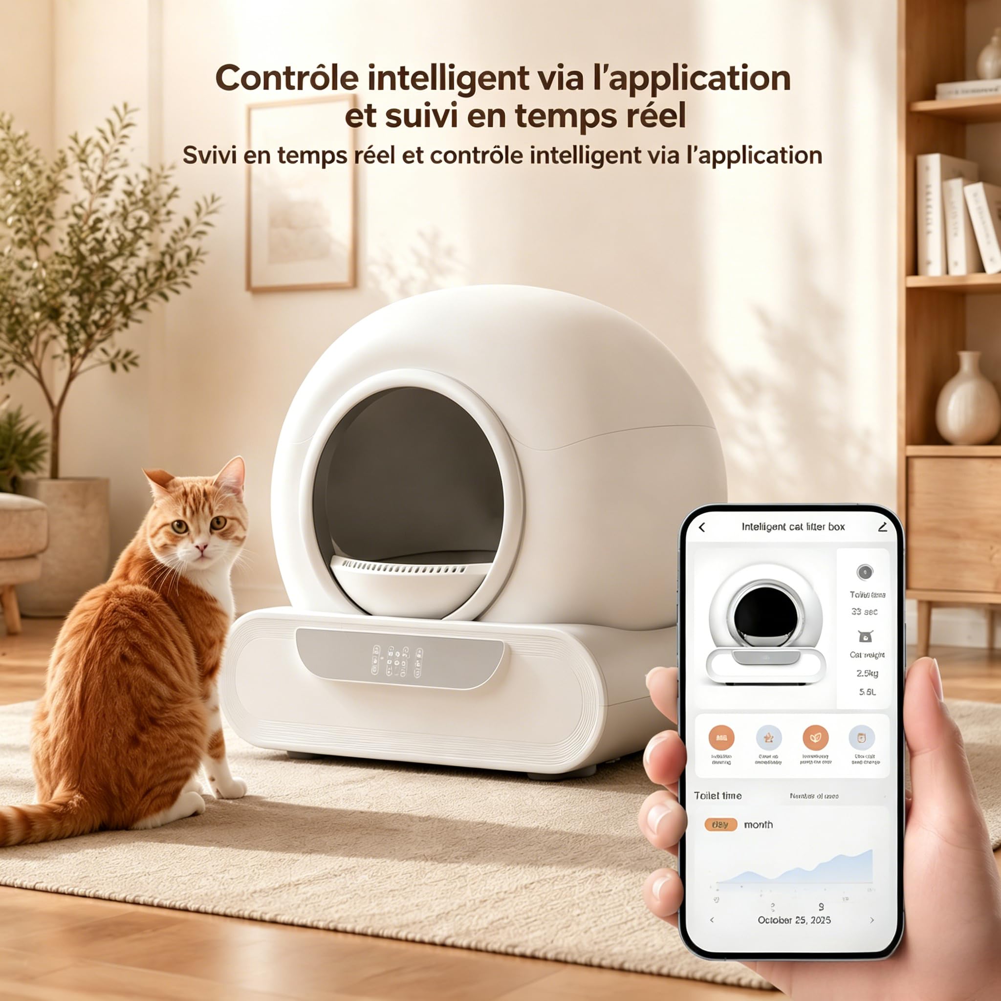 Litière Automatique Autonettoyante 74L pour Chat, Contrôle Via APP, Anti-Pincement, Désodorisation Ionique, avec Tapis et 5 Rouleaux de Sacs, Grande Capacité pour Plusieurs Chats