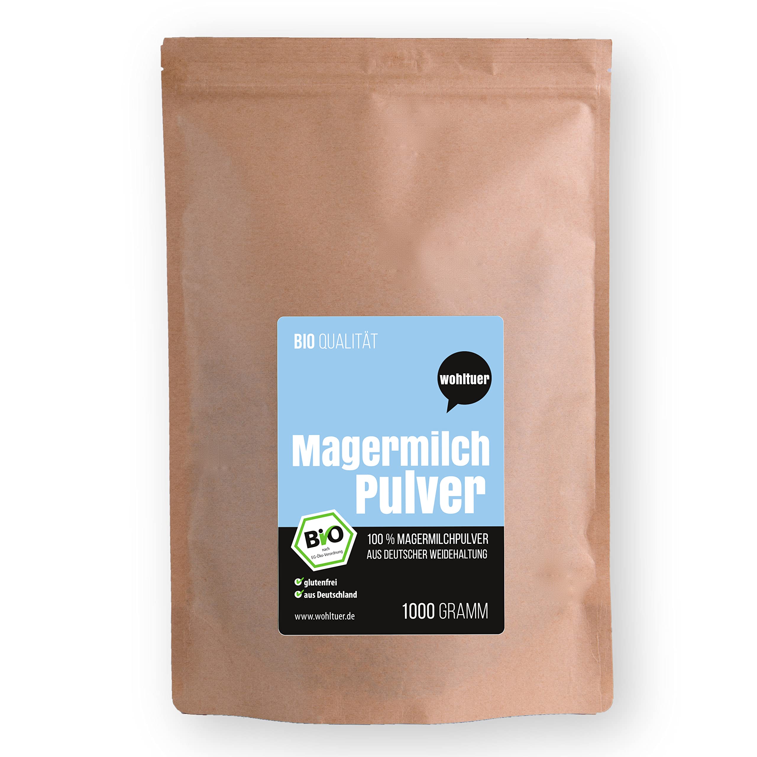 Wohltuer Bio Magermilchpulver 1000g - Bio & Weidehaltung. Sehr gut löslich & frei von Zusätzen. Milchpulver 1kg fettarm ohne Zuckerzusatz aus Deutschland