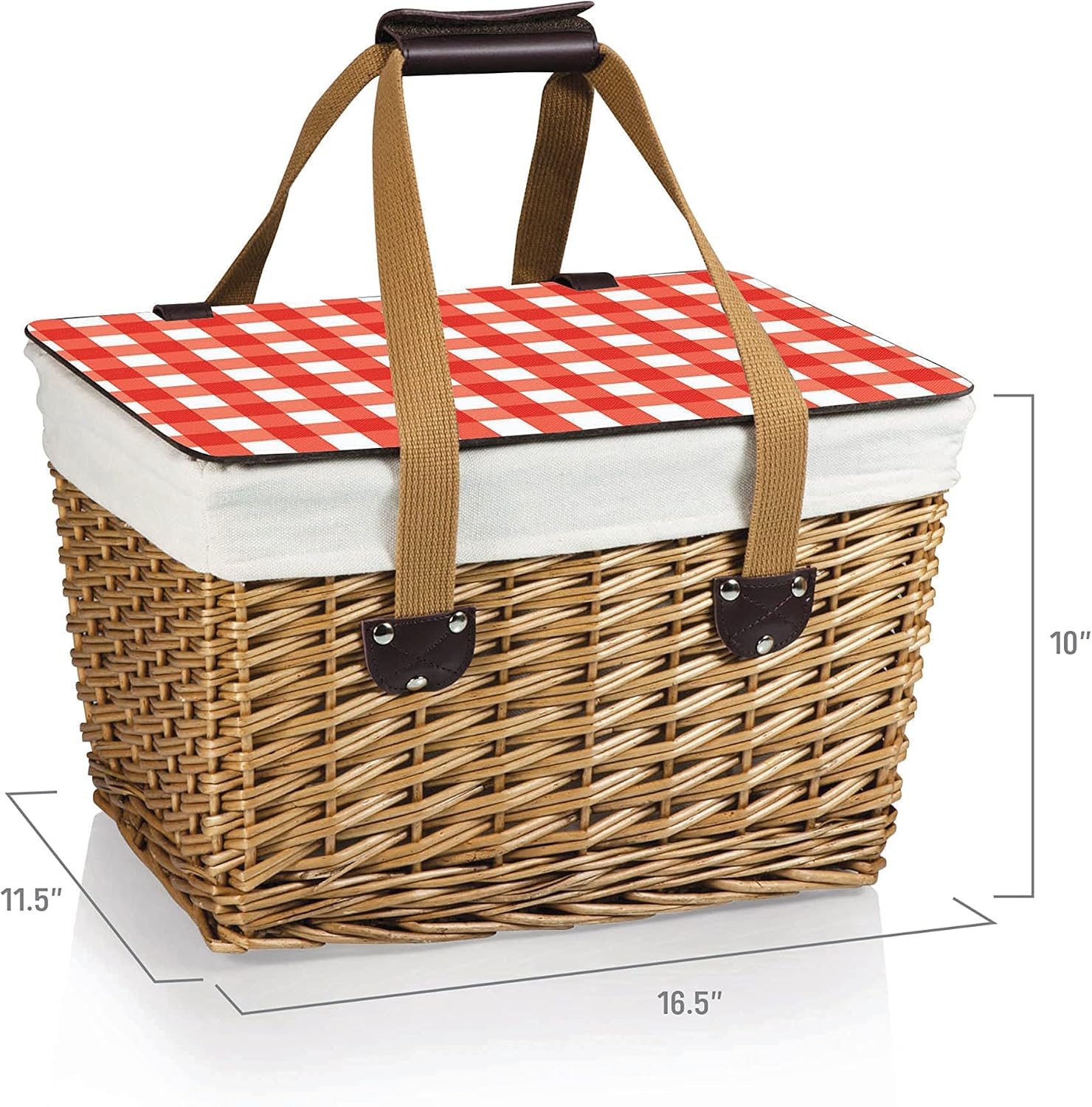 PICNIC TIME Canasta Wicker Picnic Basket, Classic Small Wicker Basket for 2 with Handwoven Willow Design, Removable and Customizable Lid Table, (Beige Canvas with Red & White Gingham Pattern Lid)
