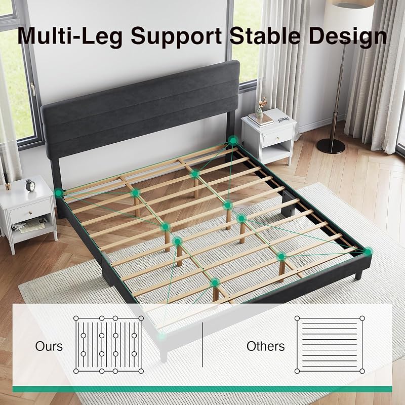 Novilla King Bed Frame and Headboard, King Bed Frame, Velvet Upholstered Stripe Bed Frames, No Box Spring Needed, Heavy Duty Feet, Easy Assembly, Black Velvet image 3