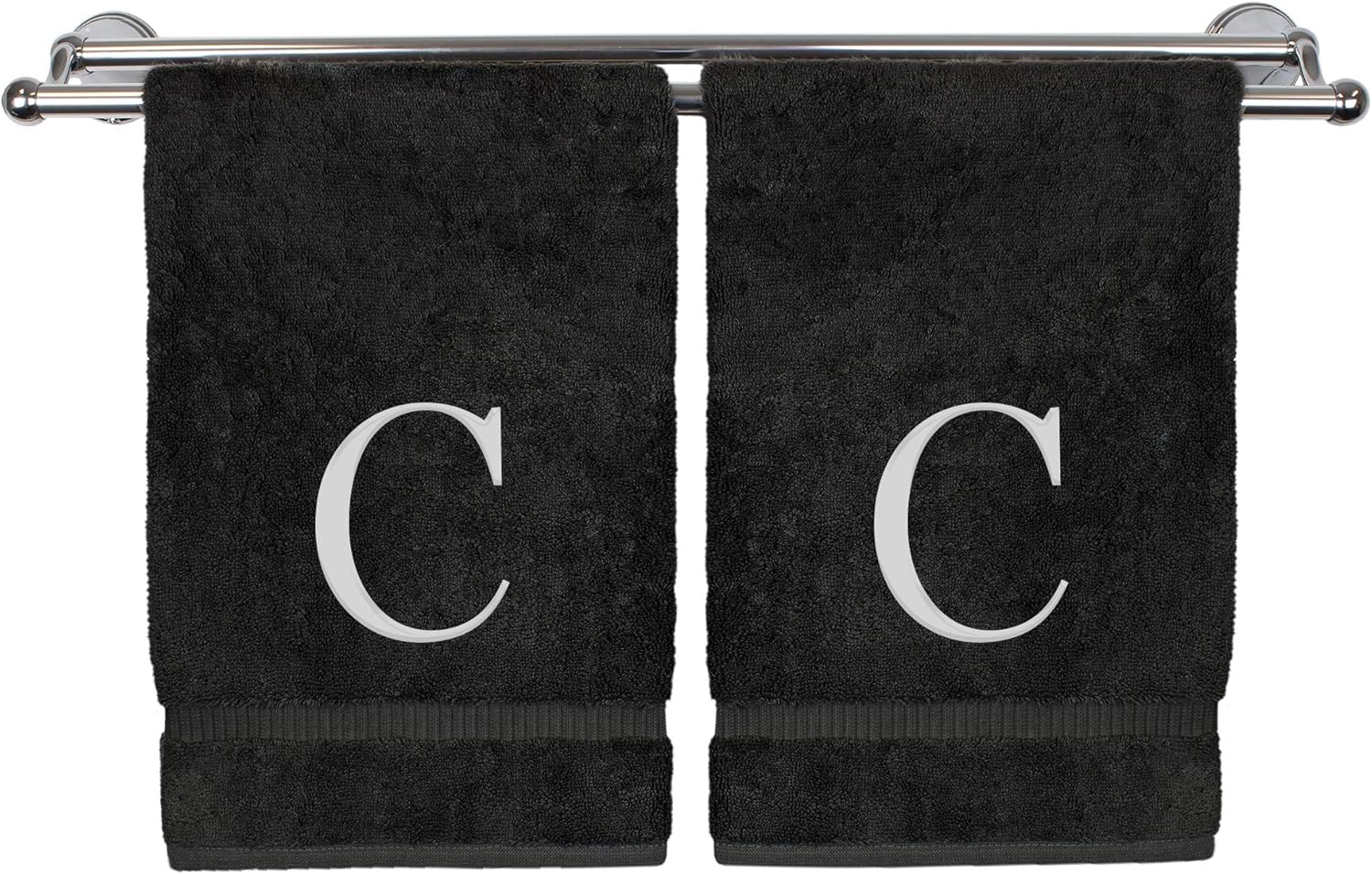 Monogrammed Hand Towel, Personalized Gift, Set of 2- White Block Letter Embroidered Towel - Extra Absorbent 100% Turkish Cotton - Soft Terry Finish - Initial C Black