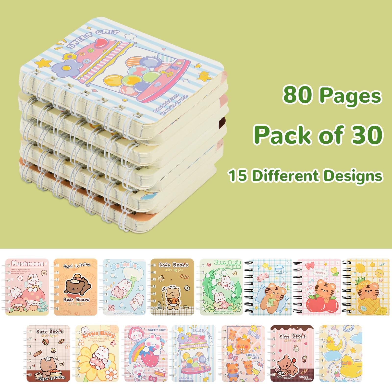 Ulema Paquete de 30 mini cuadernos de bolsillo en espiral para suministros de fiesta de cumpleaños, blocs de notas pequeños para recuerdos de fiesta de oficina, páginas rayadas universitarias (dibujos
