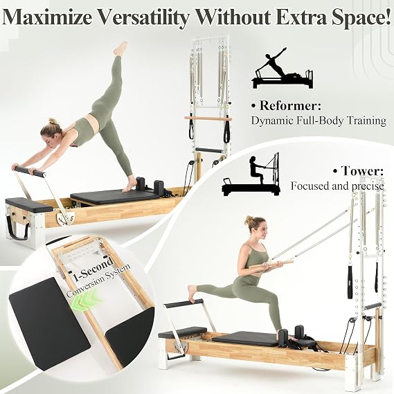 PAETA Pilates Reformer, Wooden Reformer Pilates Machine with Tower & Mat, Pilates Equipment for Home Workout and Studio, Includes Sitting Box, Jumpboard