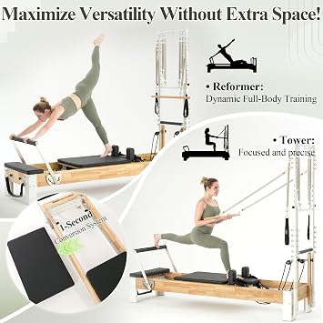 PAETA Pilates Reformer, Wooden Reformer Pilates Machine with Tower & Mat, Pilates Equipment for Home Workout and Studio, Includes Sitting Box, Jumpboard