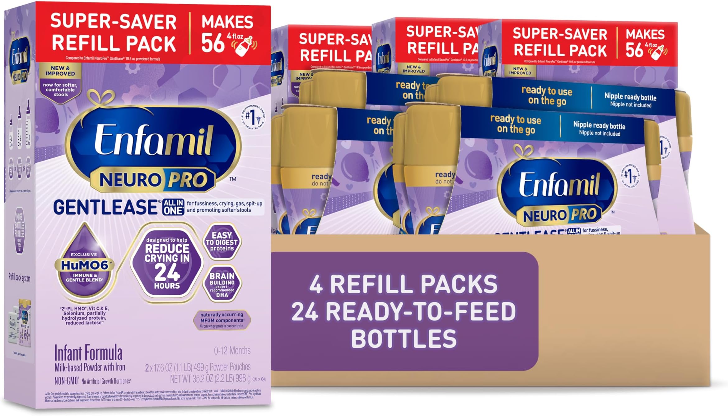 EnfamilNeuroPro Gentlease Baby Formula, Brain Building DHA,Reduce Fussiness, Crying, Gas & Spit-up, Infant Formula Powder, 35.2 Oz (Pack of 4) + 8 Fl Oz, 24 Bottles
