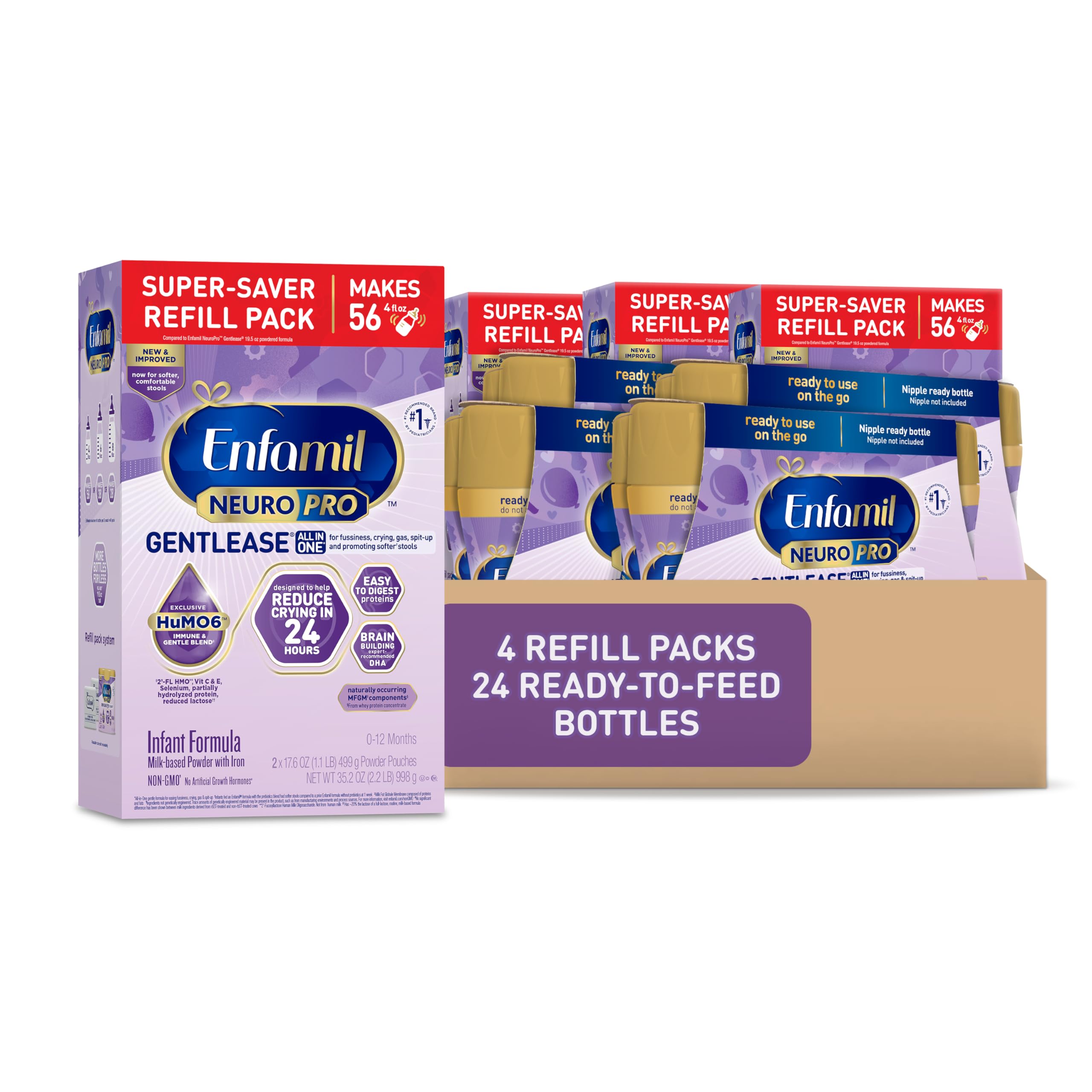 EnfamilNeuroPro Gentlease Baby Formula, Brain Building DHA,Reduce Fussiness, Crying, Gas & Spit-up, Infant Formula Powder, 35.2 Oz (Pack of 4) + 8 Fl Oz, 24 Bottles