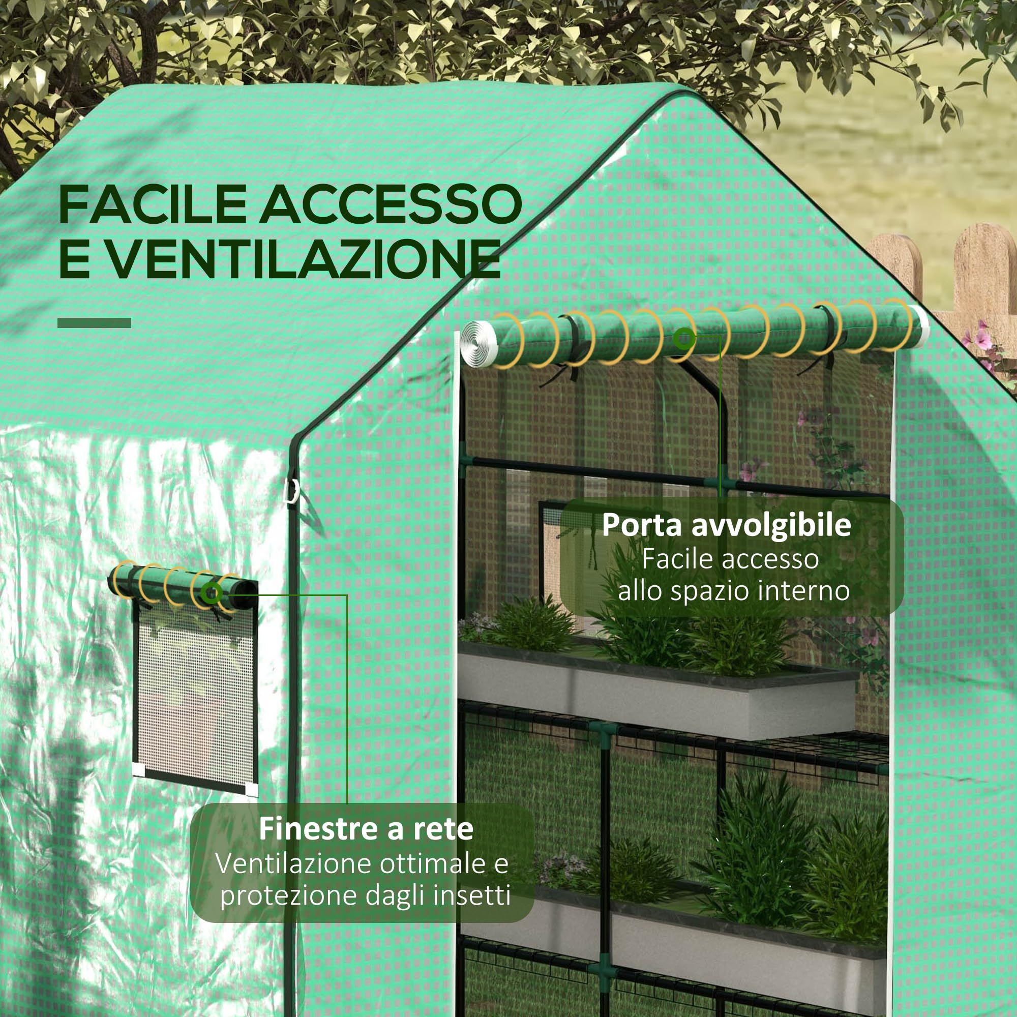 Outsunny Copertura per Serra da Giardino con Porta a Cerniera e Finestre, Telo di Ricambio in PE con Porta Avvolgibile, 140x143x190cm, Verde