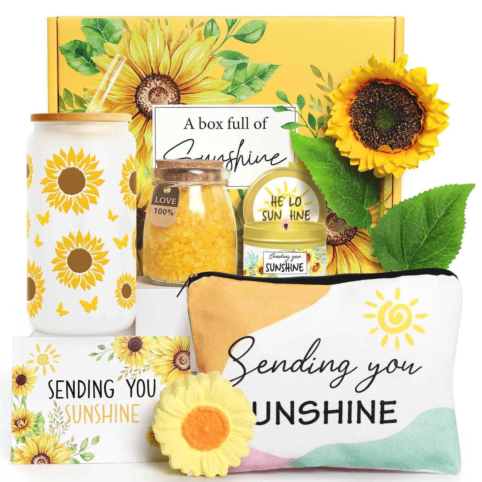 Birthday Gifts for Women Sunflower Gifts Get Well Soon, Sending Sunshine Gift Baskets, Self Care Spa Gift for Women Her Mom Best Friends Sister, Thank You Christmas Day w/Glass Cup