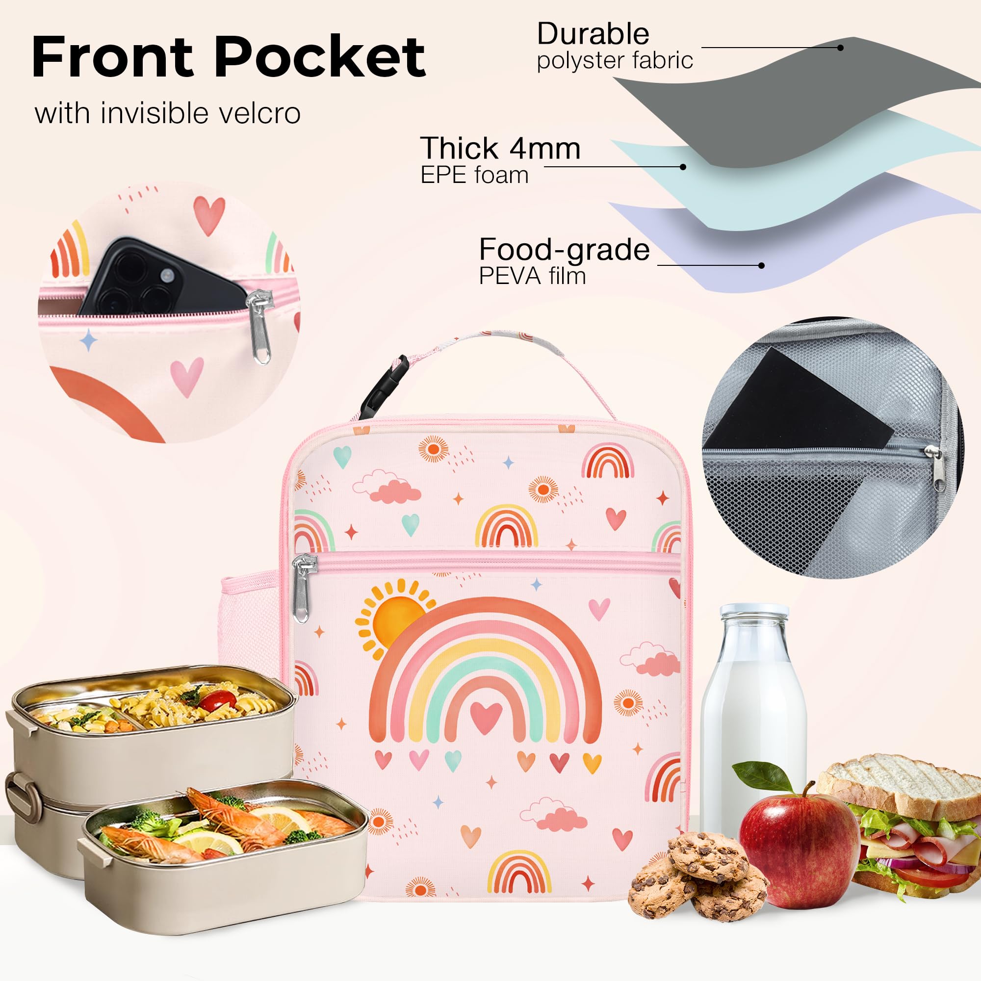 Clastyle Borsa Termica Porta Pranzo Bambini Scuola Rosa Grande Arcobaleno, Borsa Frigo Piccola Ragazze Sole Cuore Portatile con Tracolla Portabottiglie