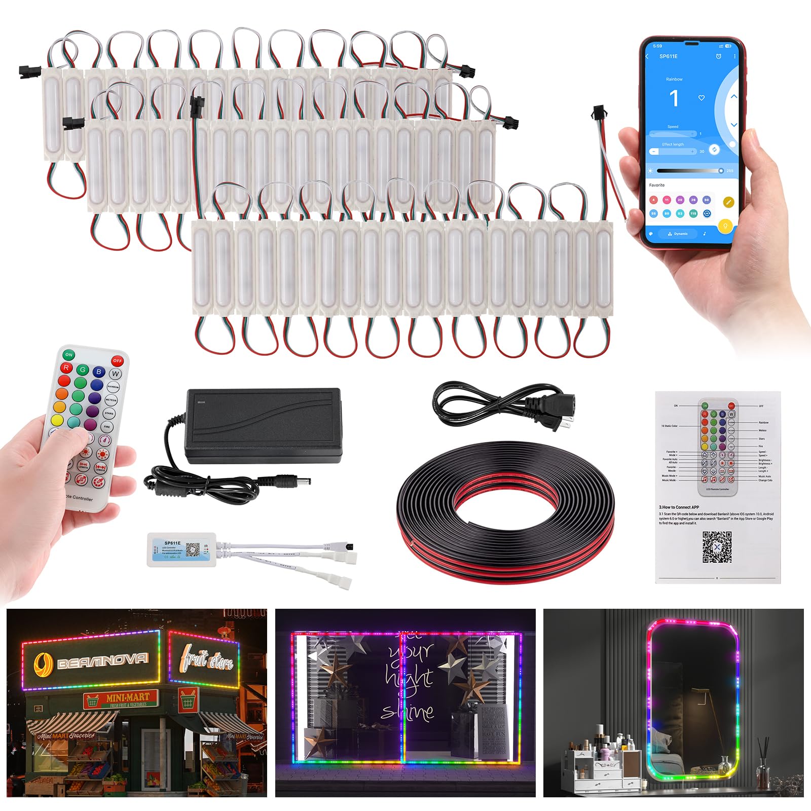 BEAMNOVA 30Ft Stip Lights Kit, 60pcs RGB LED Modules, Remote, Bluetooth App Control, DC 12V Voltage Transformer, Adhesive Waterproof Commercial Storefront Lights, Large Lens