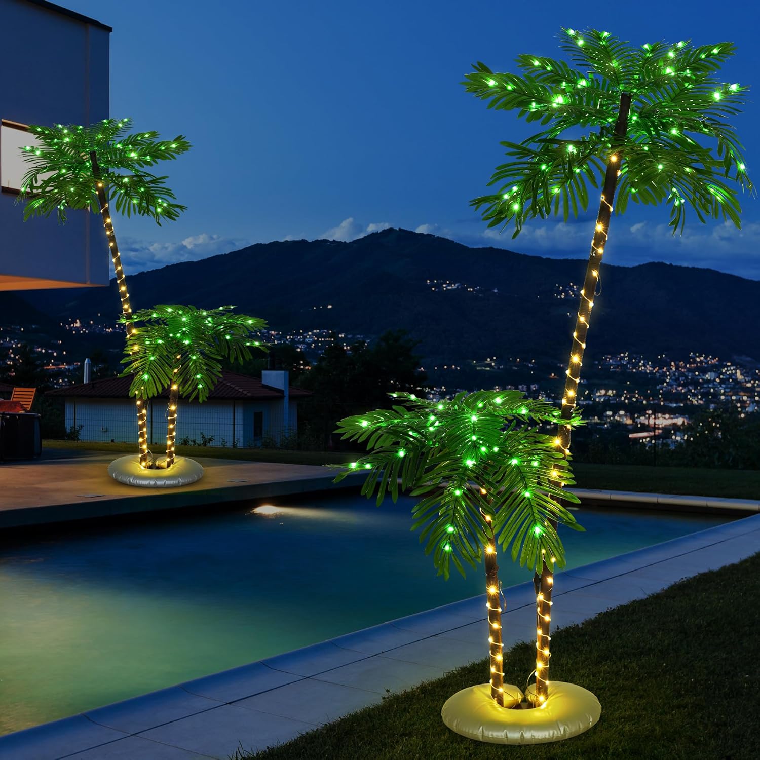 Solar-Powered Lighted Palm Trees 6FT Two-Tree, Adjustable LED Palm Trees for Outdoor Patio, 19 Lighting Modes, Waterproof Metal Trunk with Heavy Base, Perfect for Party Decor