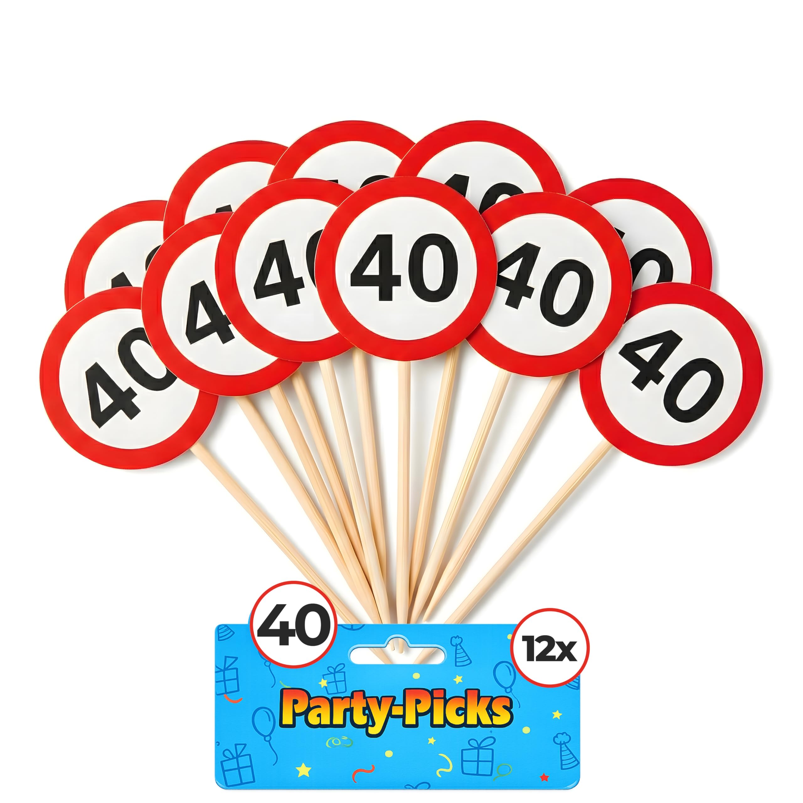 Decorazioni per Il 40° Compleanno – 12 Stuzzicadenti Party Rossi e Bianchi con Il Numero “40” in Stile Cartello Stradale – addobbi Originali e Idee Regalo Divertenti per Uomo e Donna