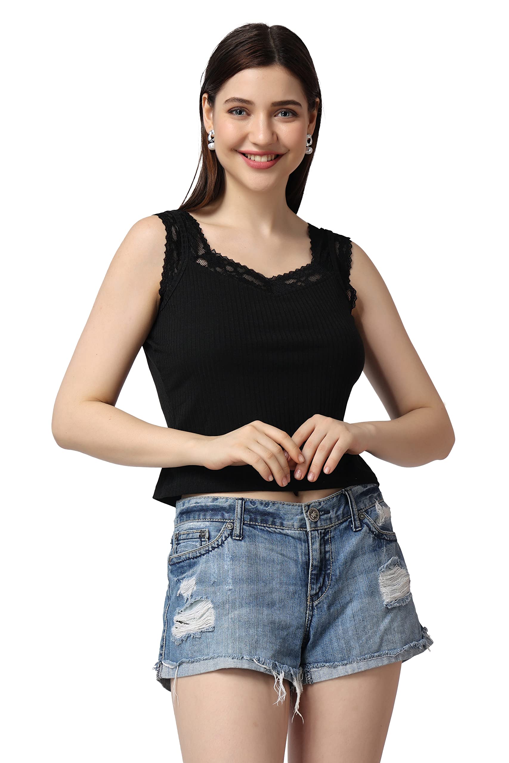 Casual Solid Self Design Ribbed Lace Work Crop Top for Women || Sleeveless Crop Top for Women || Sweetheart Neck Women Top for Summer