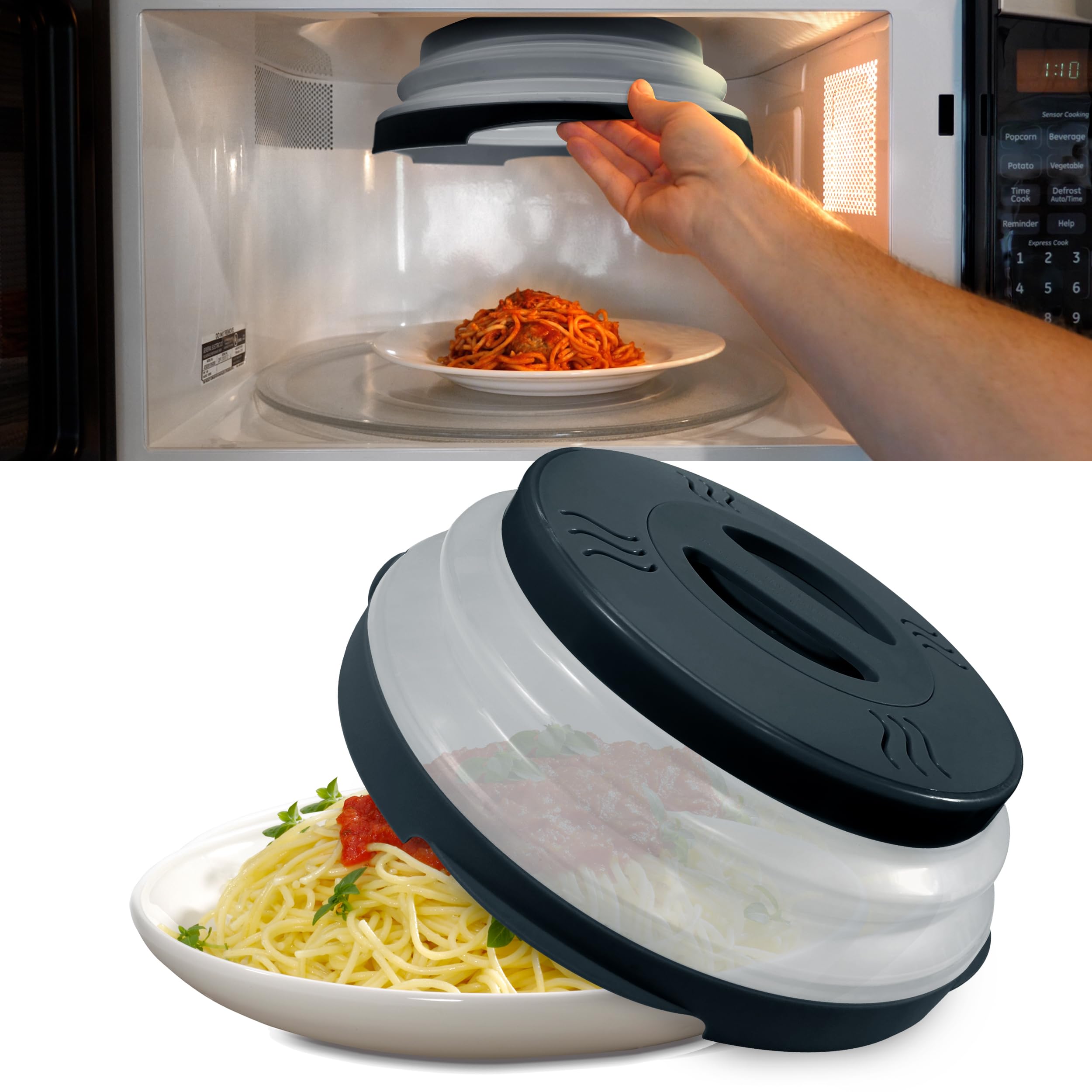 Hover Cover 2.0 Magnetic Microwave Splatter Cover, Collapsible 12-Inch BPA-Free Food Lid with Upgraded Magnets, Vented Plate Guard, Dishwasher Safe, Space-Saving Magnetic Storage - Black