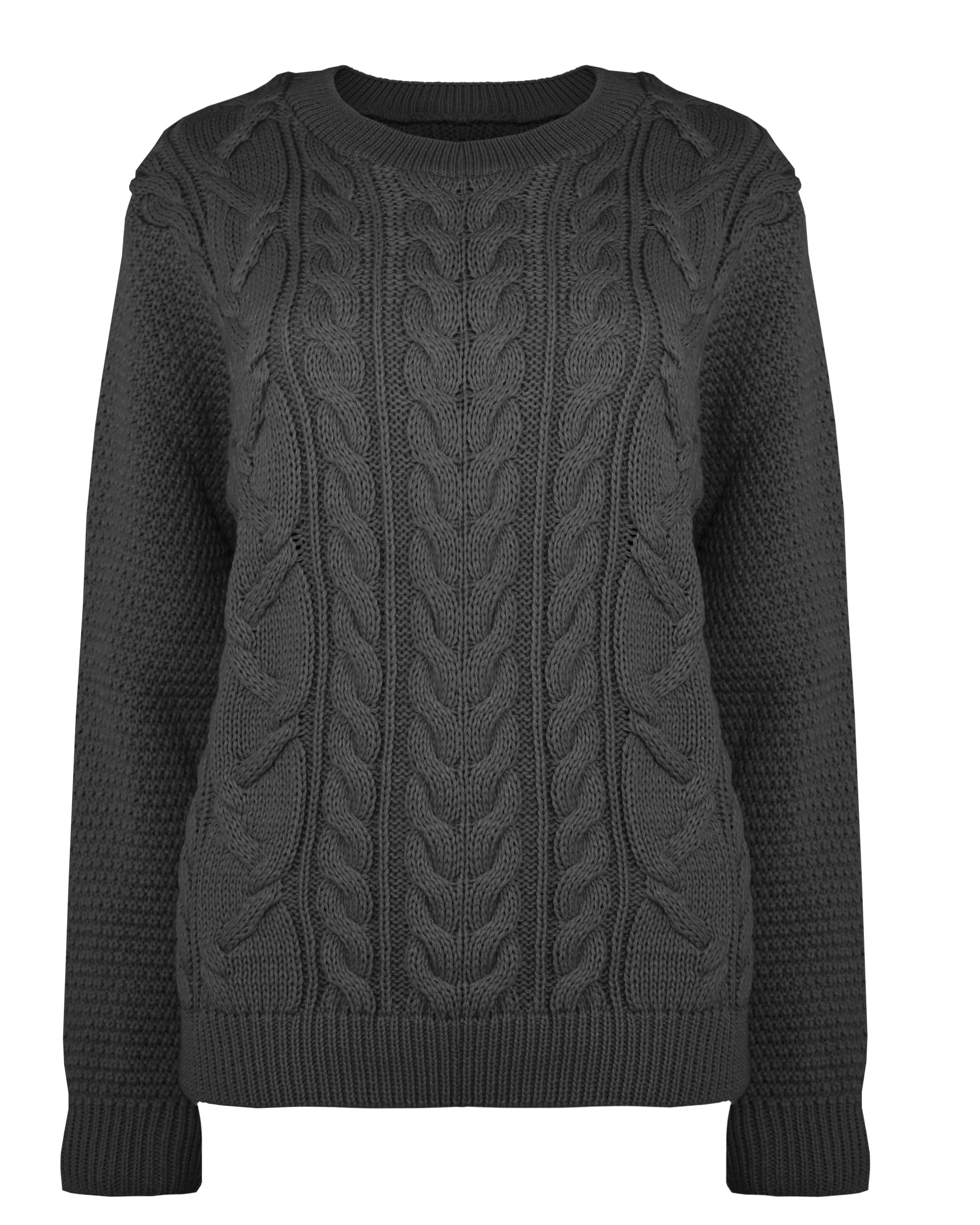 FARKZIQ New Women Ladies Knitted Cable Long Sleeve Warm Chunky Sweater Knitwear Jumper Tops Pullover Crew Neck[Black,SM]