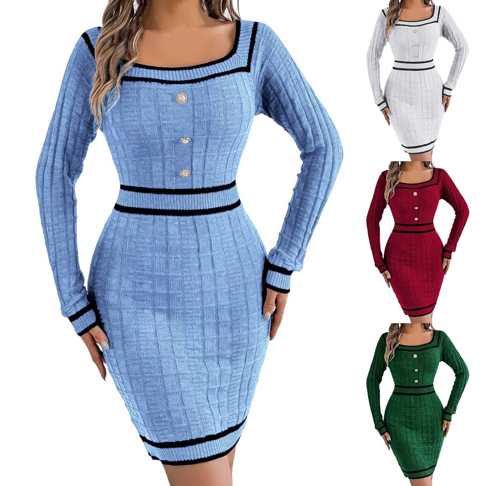 Robe mi-Longue à Manches Longues pour Femme en Tricot épais à Rayures en Bloc pour Automne et Hiver Robe De Cocktail Rose Poudré