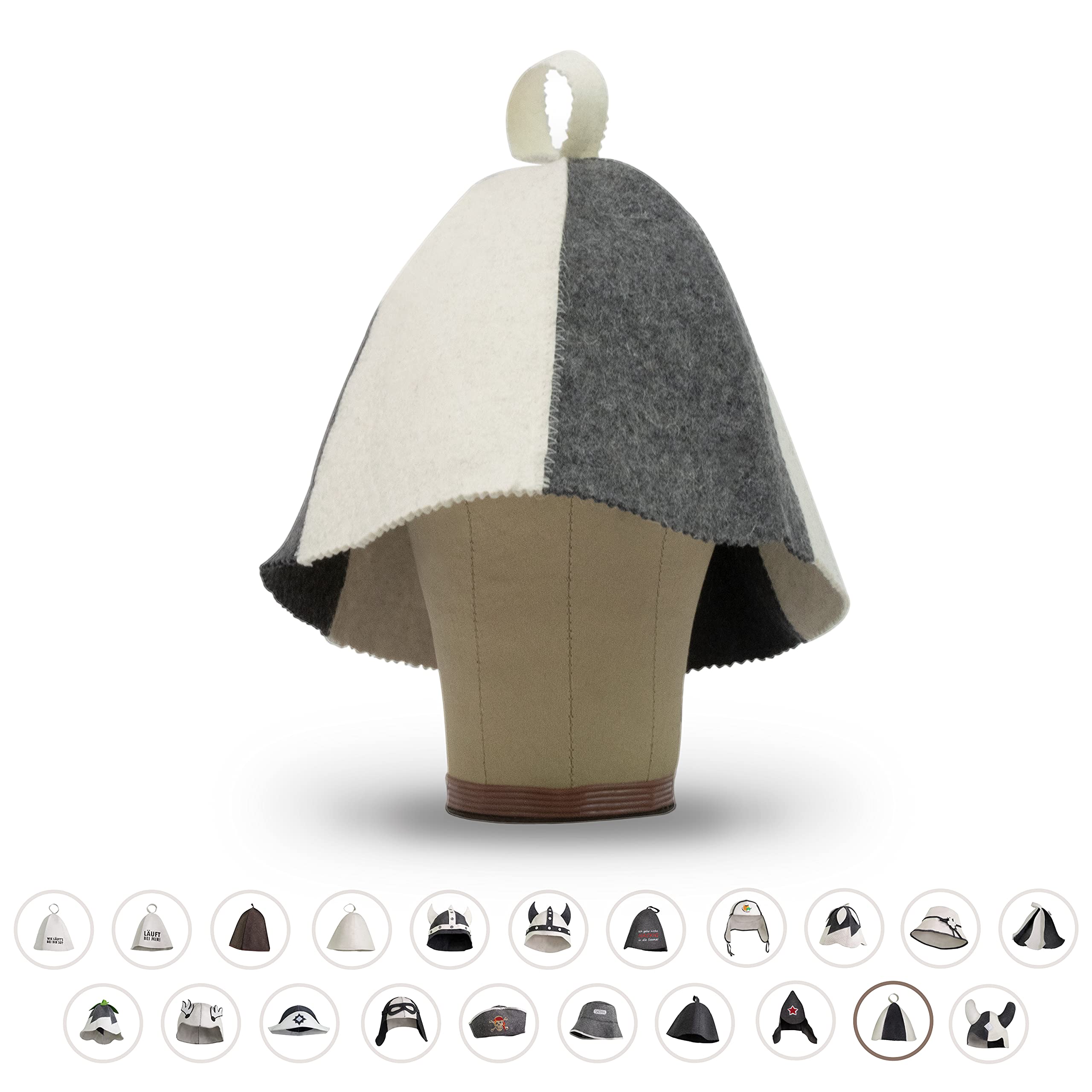 LoWell® czapka do sauny – filcowa czapka dla kobiet i mężczyzn, w zestawie poradnik użytkownika sauny – idealny dodatek do sauny dla wyjątkowego doświadczenia spa – duży rozmiar – czapka do sauny, biała/szara