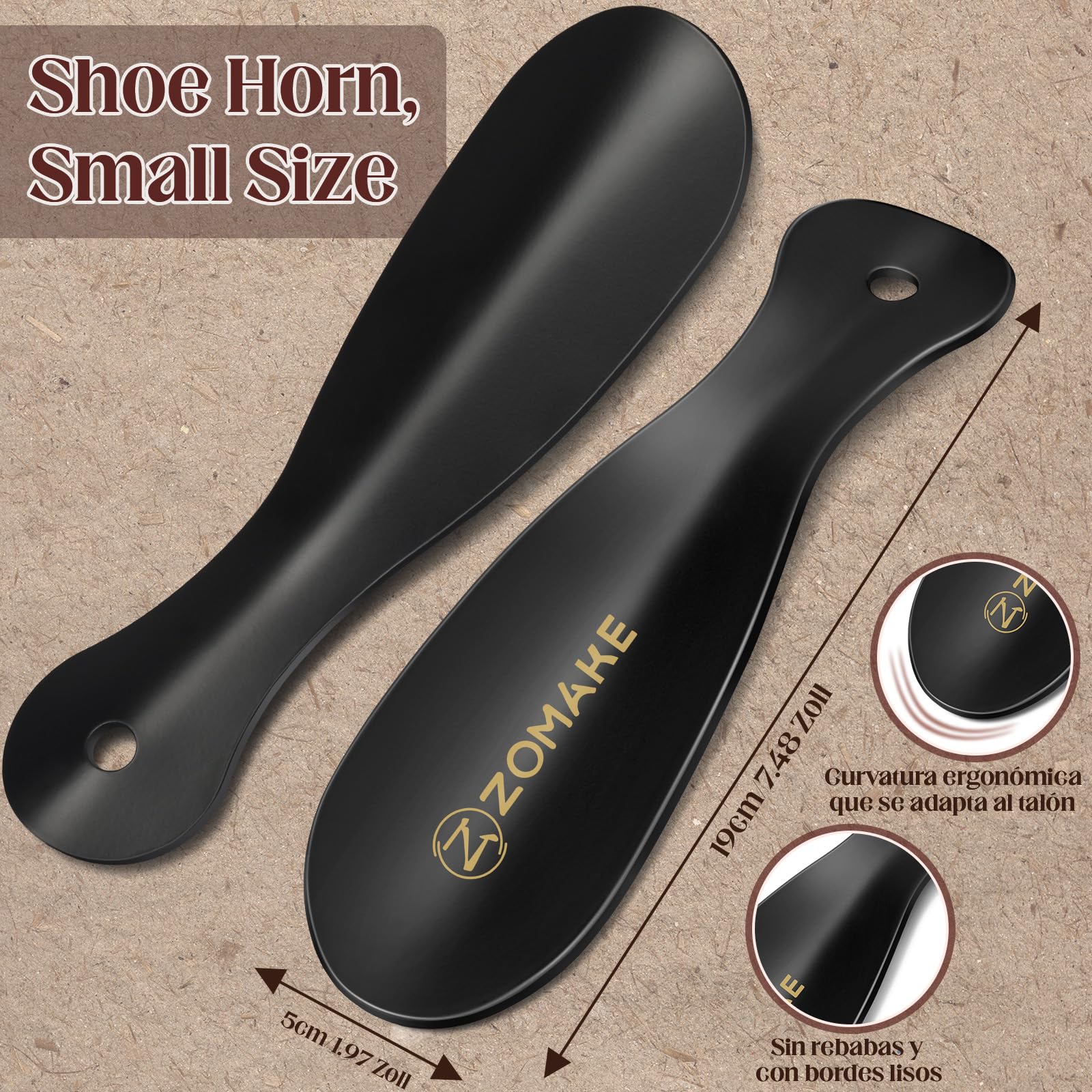 ZOMAKE Calzador de Zapatos 2Piezas - Metalico Calzadores para Personas Mayores con Colgante Agujero,19cm Acero Inoxidable Shoe Horn Fácil de Utilizar(2 Piezas Negras)