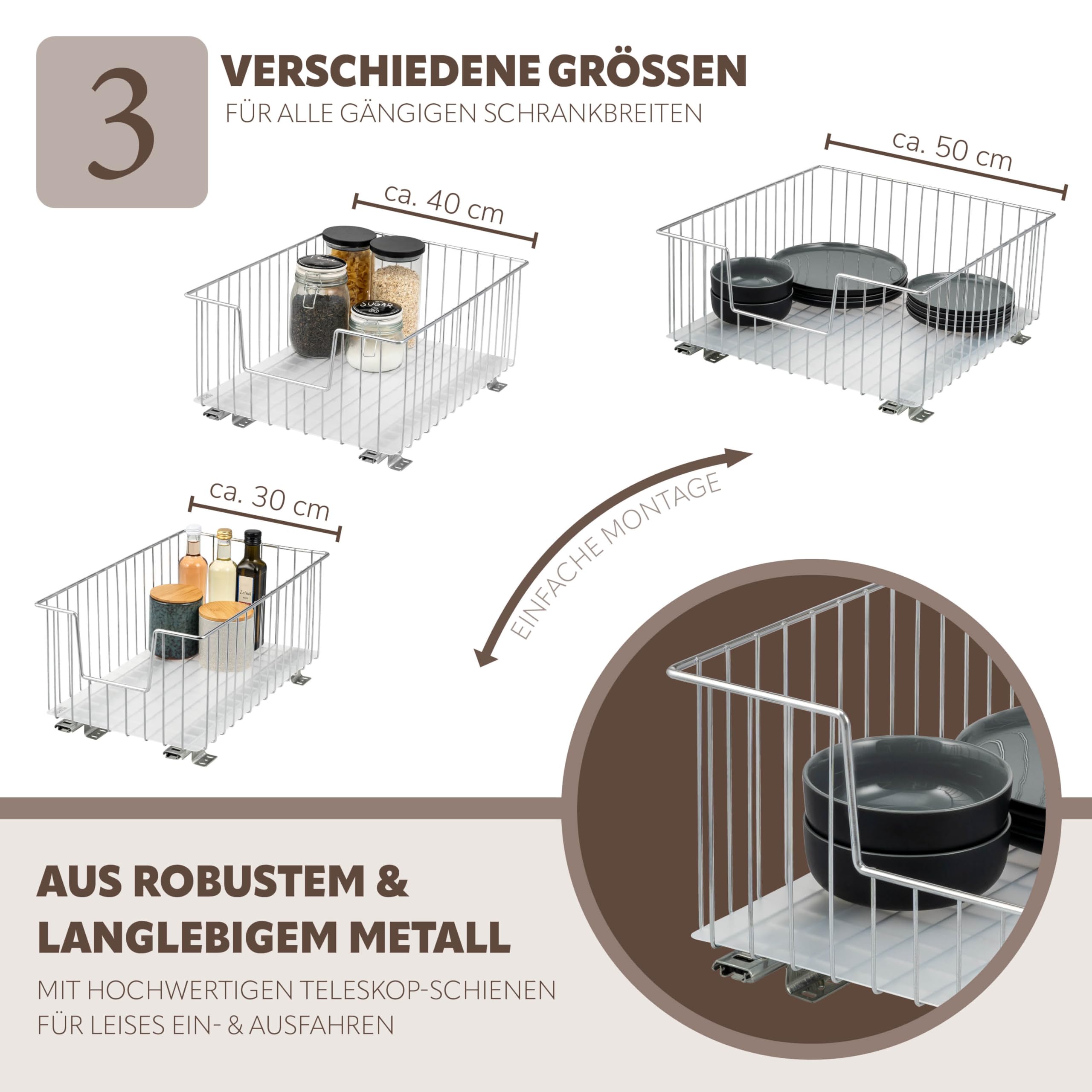 bremermann Schrank-Korbauszug 2er Set 30 cm Breite mit Einlegeboden, Küchenschublade zum Nachrüsten, Vollauszug mit Teleskop-Schienen, ideal für Küche, Bad & Schlafzimmer, aus Metall (Chrom)