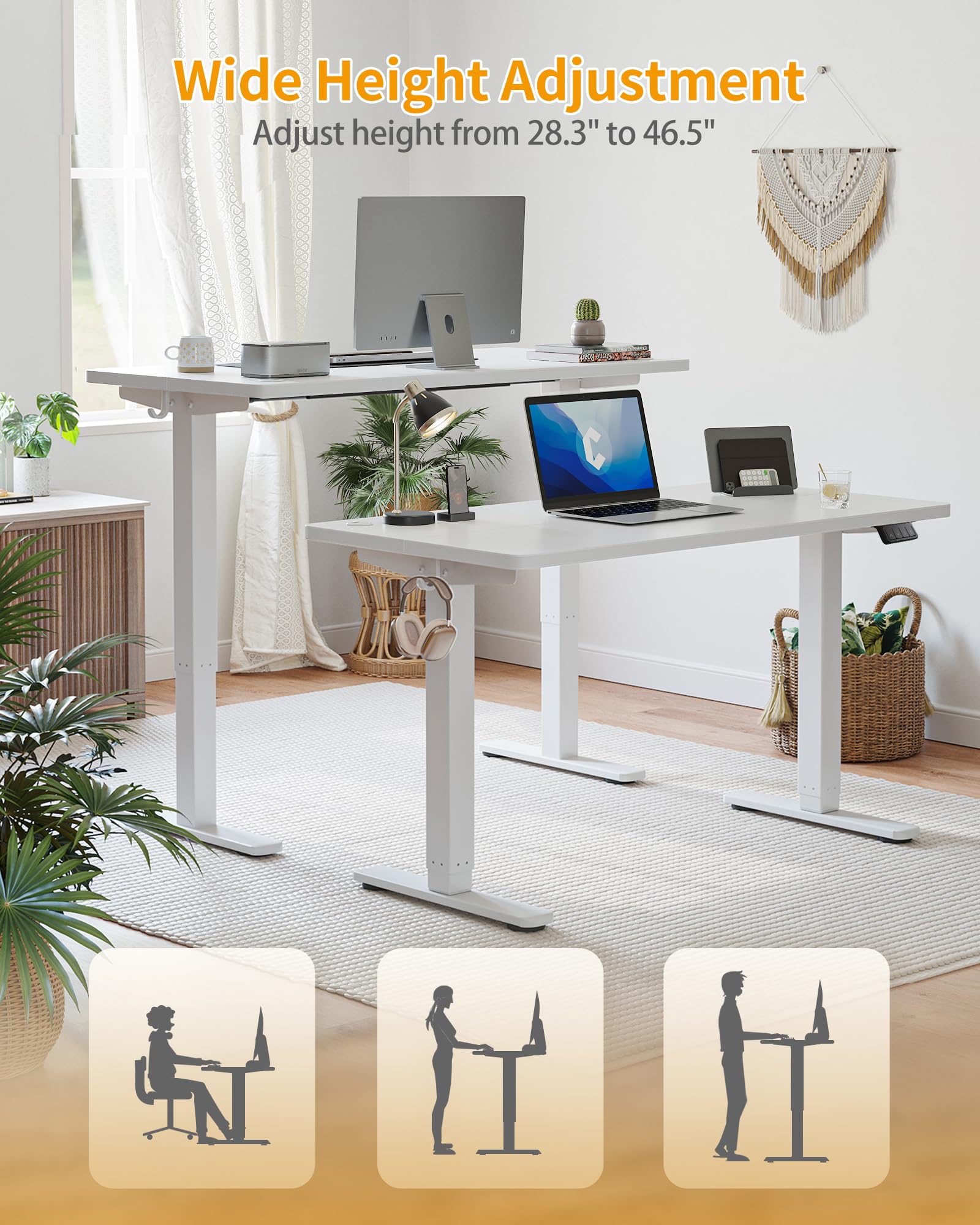CubiCubi Schreibtisch Höhenverstellbar Elektrisch, 152 x 60 cm Stehpult T-Beine aus Stahl mit Funktions-Memory-Steuerung, Anti-kollisions System, Weiß Rahmen/Weiß Tischplatte