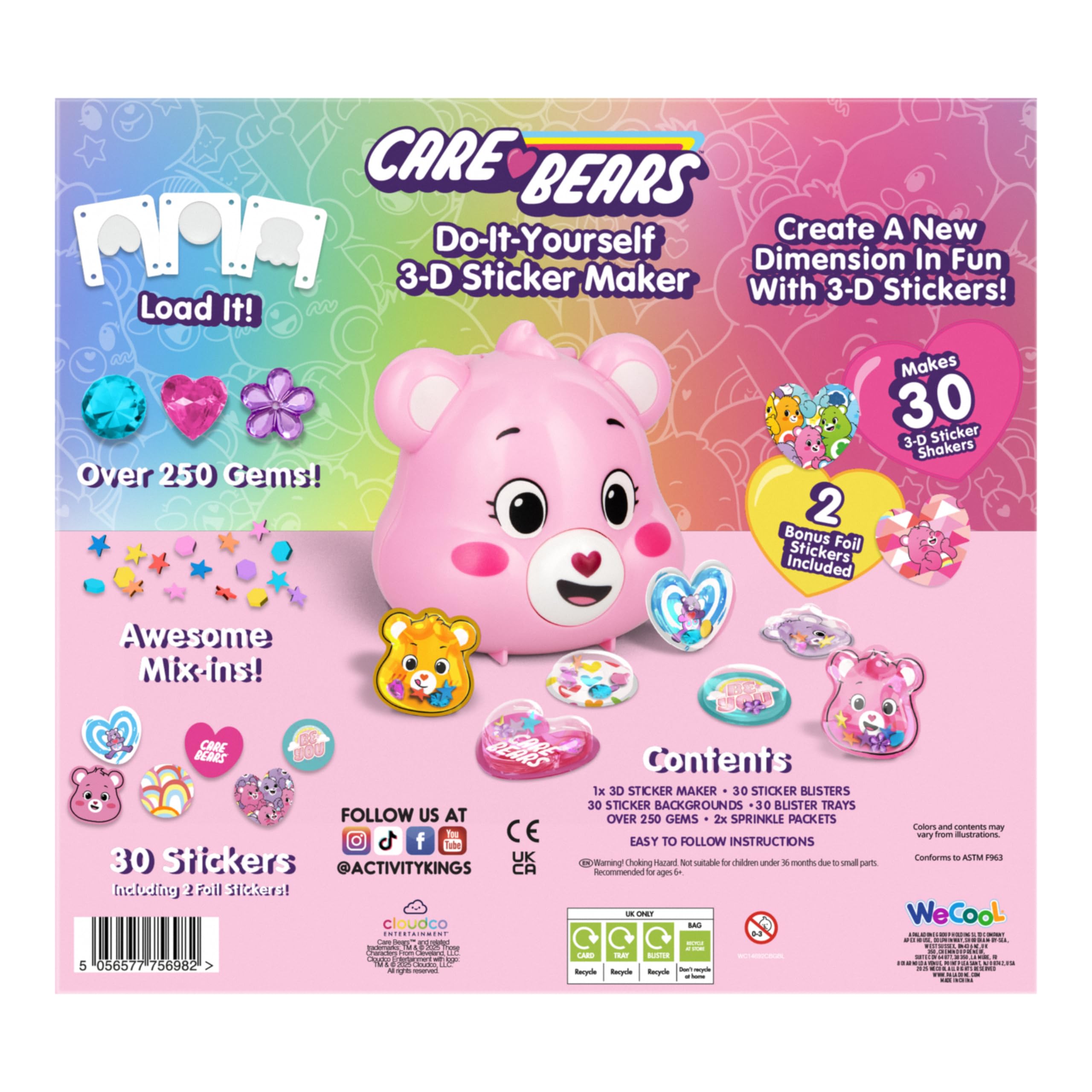 Paladone WeCool Care Bears Fabricant de Stickers 3D DIY pour Enfants, Kit d'Art Officiellement Licencié pour Filles et Garçons Fabrique 30 Autocollants Personnalisés, Cadeau et Jouet Créatif Amusant
