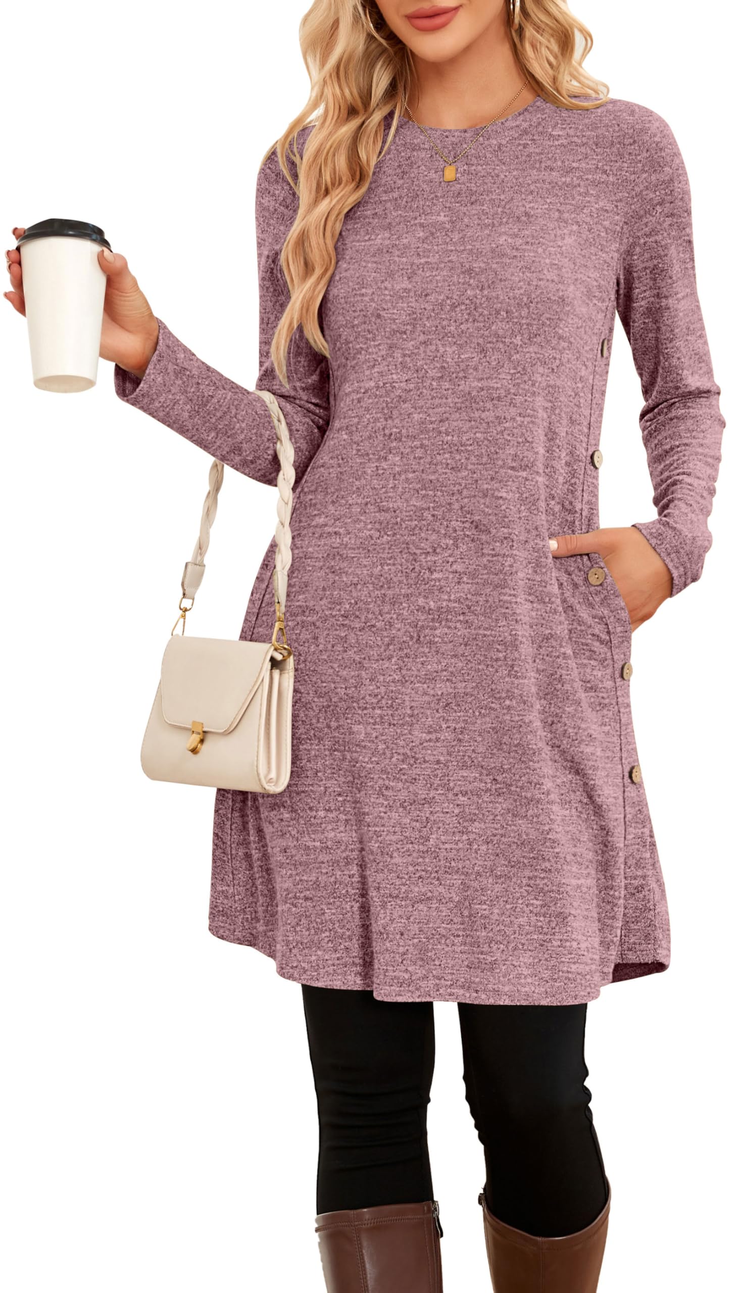 NARRAME Pullover-Kleider für Damen Winter Strickkleid Knöpfe mit Taschen | Rundhals,Herbst,Frühling,Festlich,Weihnachts,kausale,Business,Outfit,Einfarbig mit Druck Karomuster