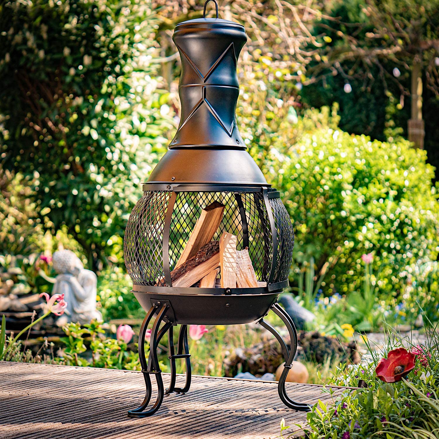 Gartenofen San Louis 90cm mit Funkenschutz und Schürhaken schwarz/kupferfinish