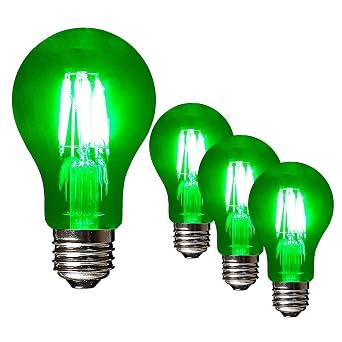 LED 6Watt Filament A19 Colored Light Bulbs UL Listed, E26 Base Lightbulb Energy Saving - Lasts for 25000 Hours - Heavy Duty Glass - 4 Pack Green