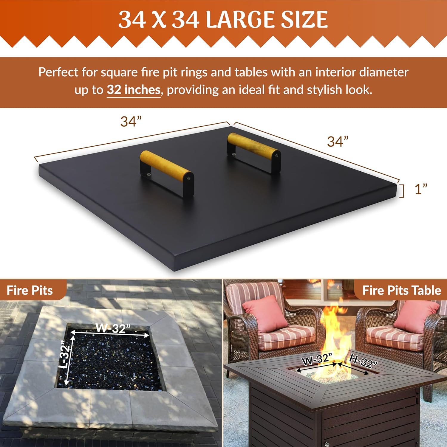 Febtech - 34 inch Square Fire Pit Lid Fit for 32" Fire Ring - 1.5mm Steel Fire Pit Lid - Firepit Insert Square Drop-in Pan Burner Lid W/ Dual Wooden Handles Snuffer Lid for Patio Firepit Ring