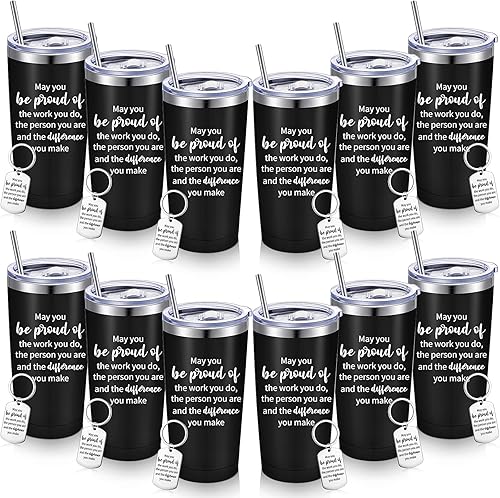 Inbagi 12 juegos de vasos con llavero con texto en inglés "Thank You Be Proud" para mujer, vaso aislado de acero inoxidable de 20 onzas con tapas y