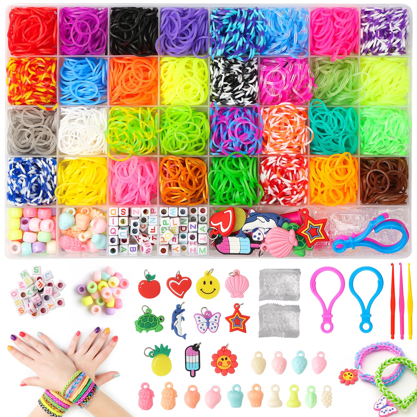 HooySprs 3000+ Loom Bänder Set, 40 Rastern Loom Bänder zubehör mit 32 farbige Gummibänder, Perlen, Anhängern, Charms, S-Clips und anderem Zubehör – Geschenk für Kinder, Mädchen und Jungen