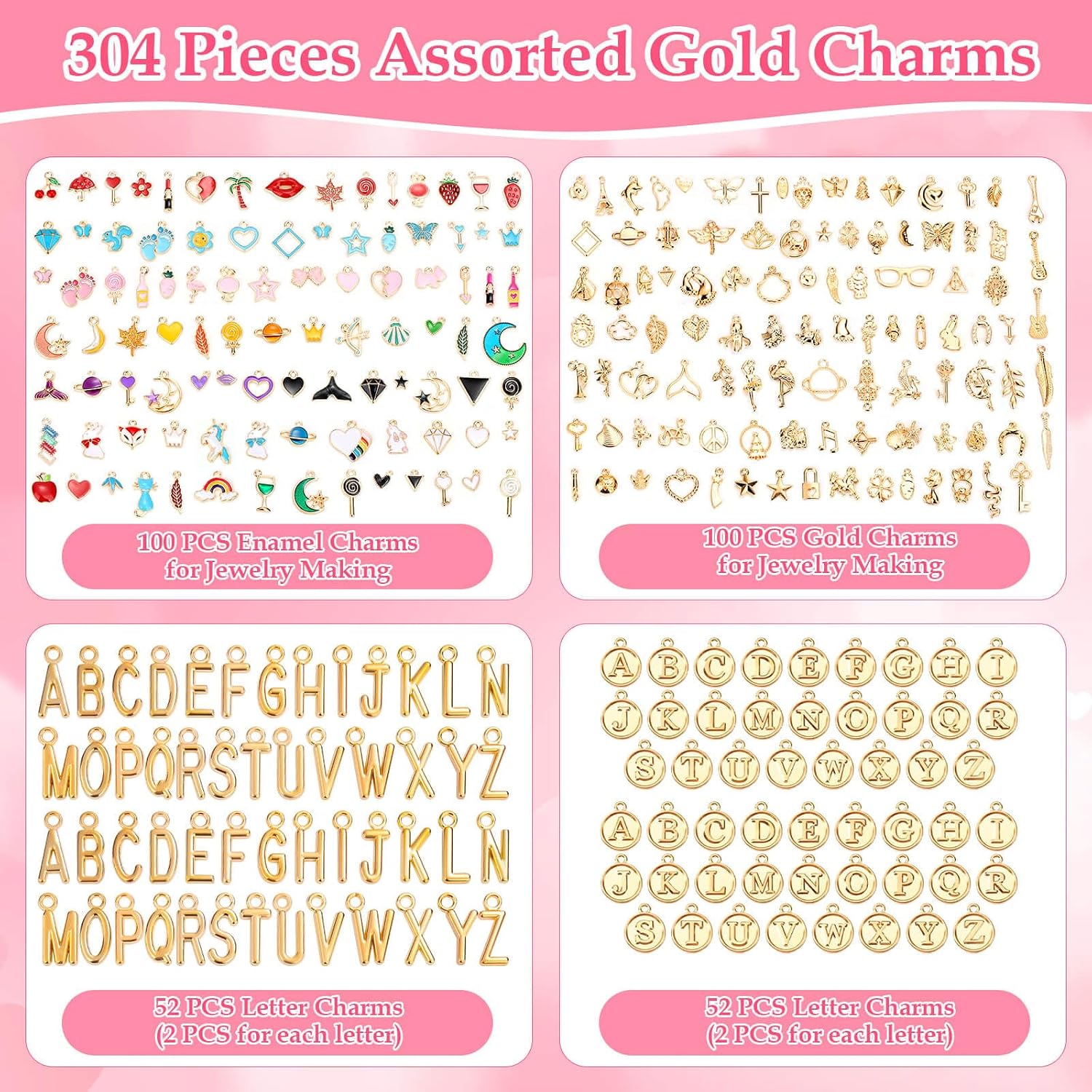 Flasoo 304Pcs Gold Charms for Jewelry Making, Assorted Bracelet Letter Charms for DIY Jewelry Making Necklace Bracelet, Keychains and Crafts
